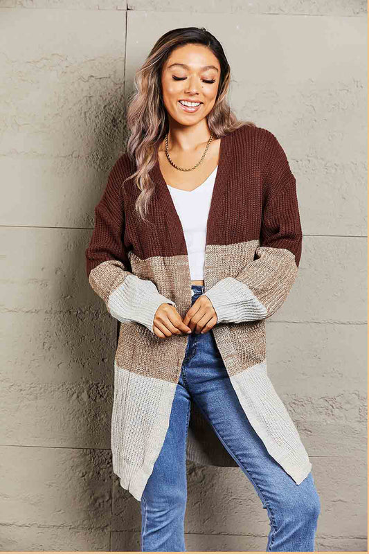 Perfee Woven Right Color Block Open Front Rib-Knit Longline Cardigan