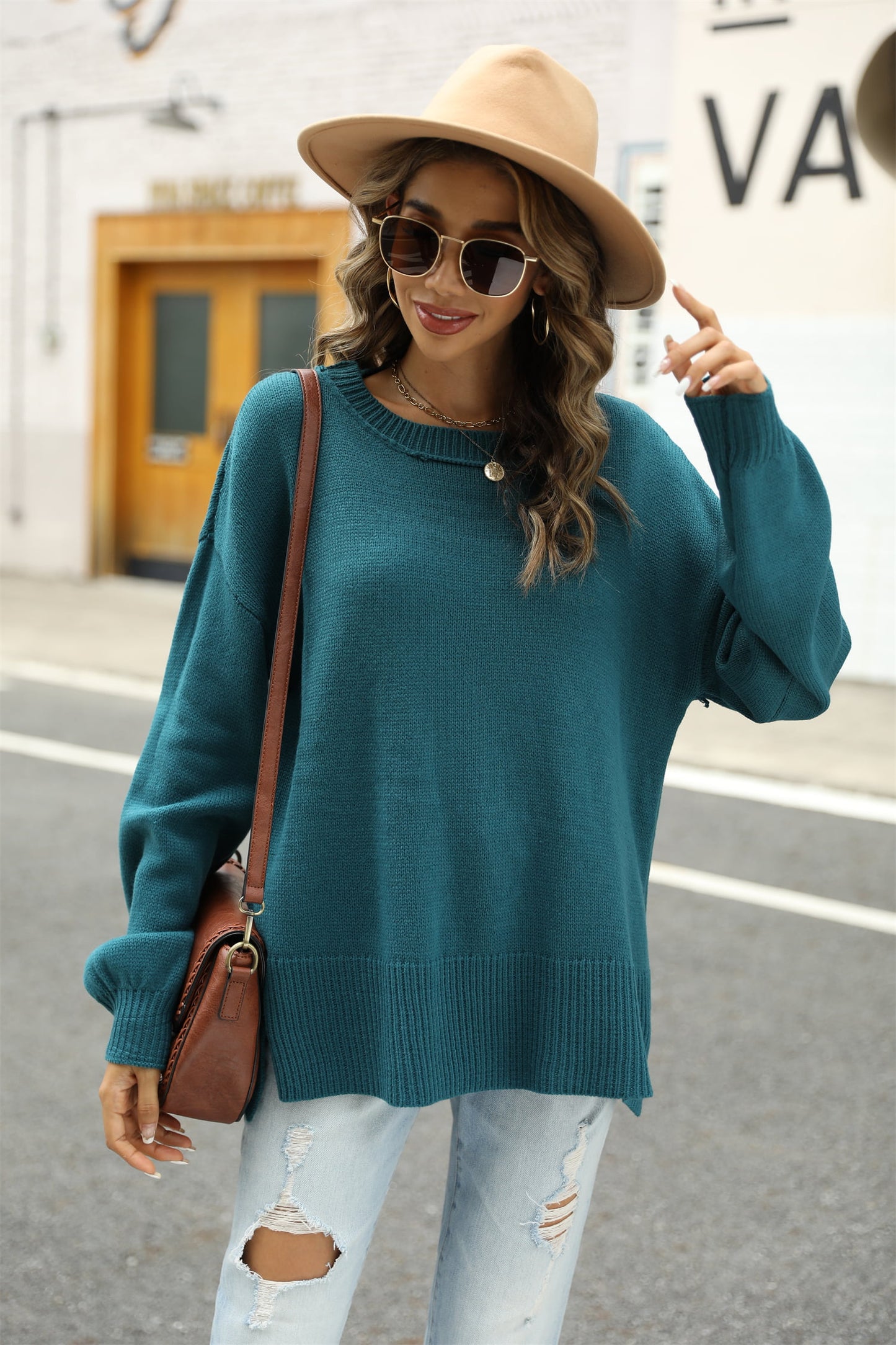 Angel Wings Round Neck Dropped Shoulder Slit Sweater