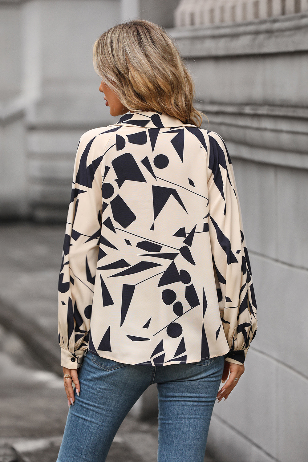 Perfee Printed Johnny Collar Blouse