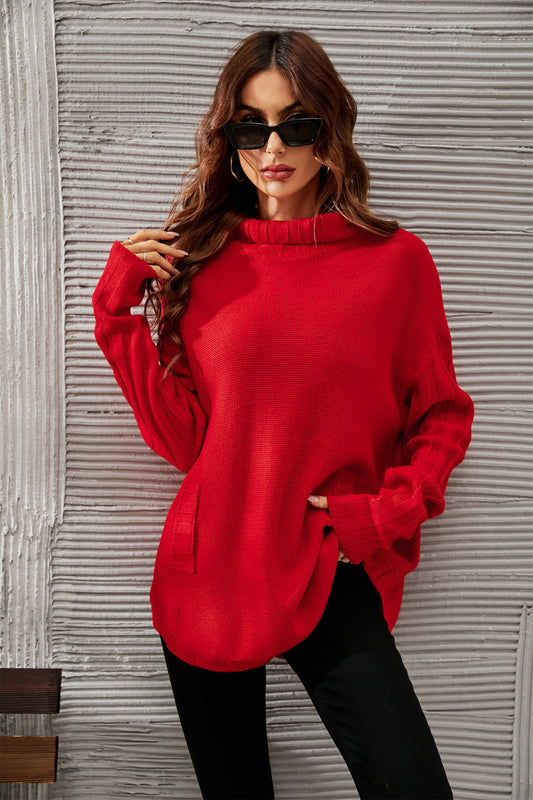 Angel Wings Mock Neck Dropped Shoulder Sweater