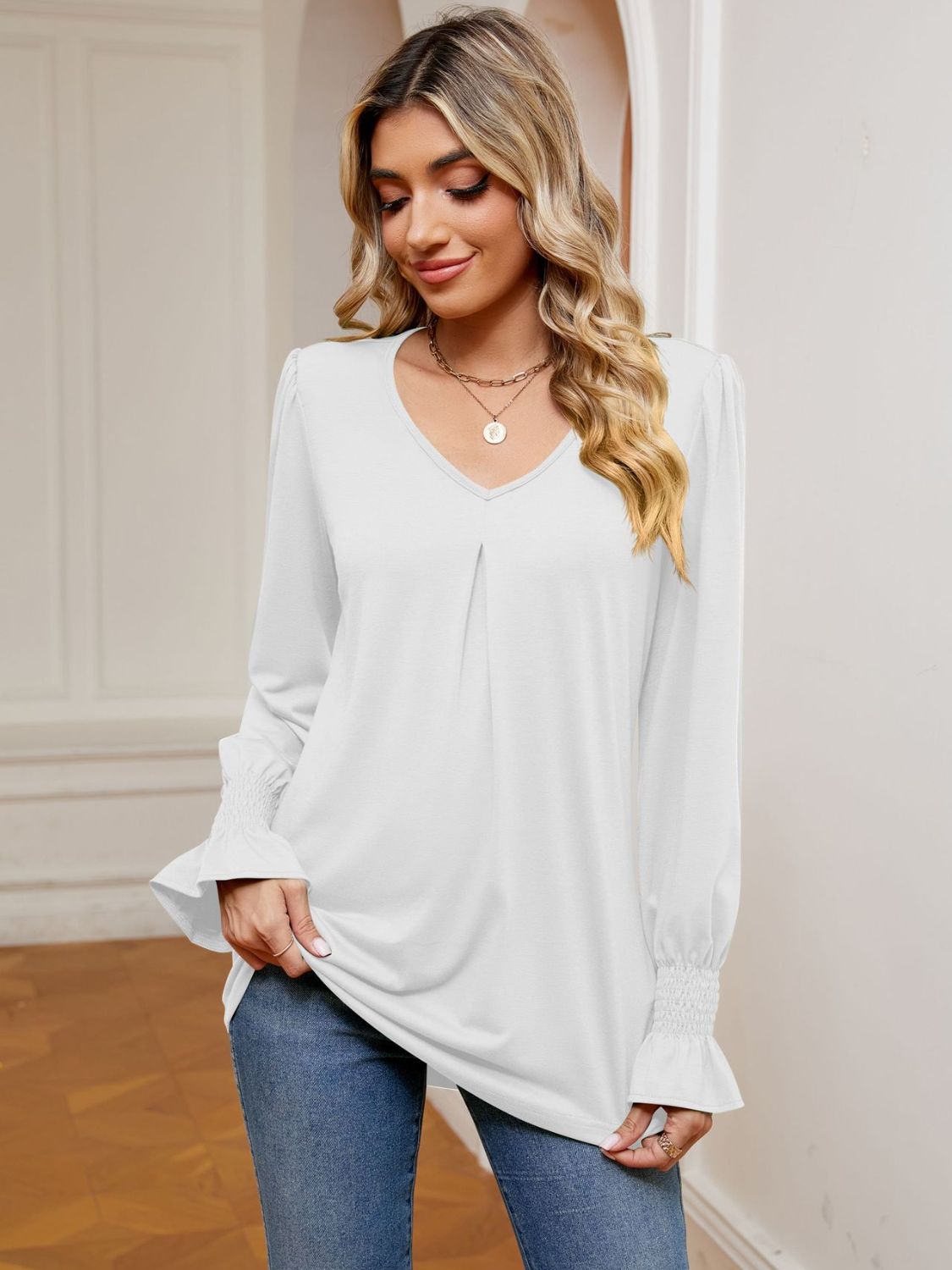 V-Neck Flounce Sleeve Blouse