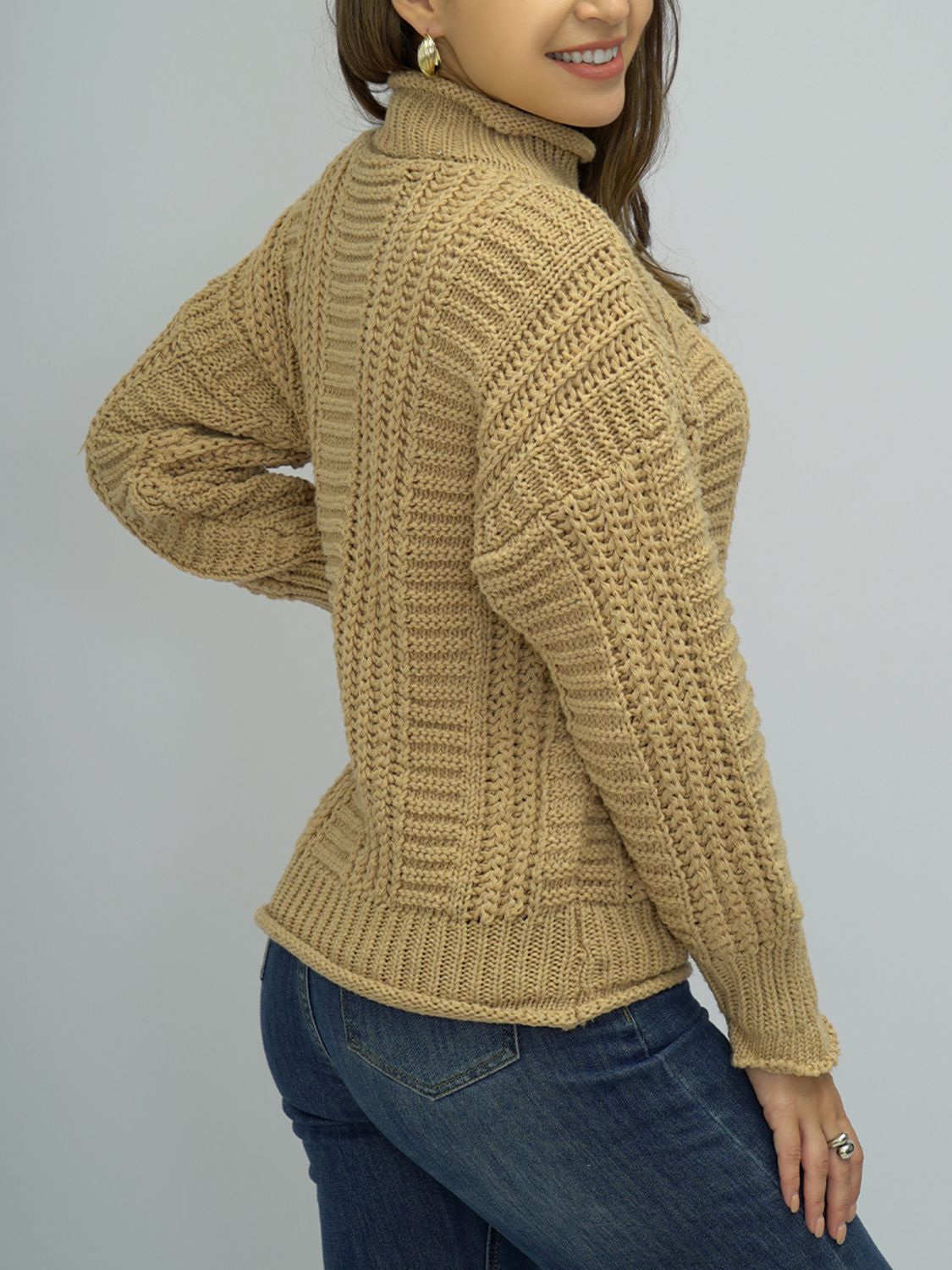 Shiny Cable-Knit Mock Neck Sweater