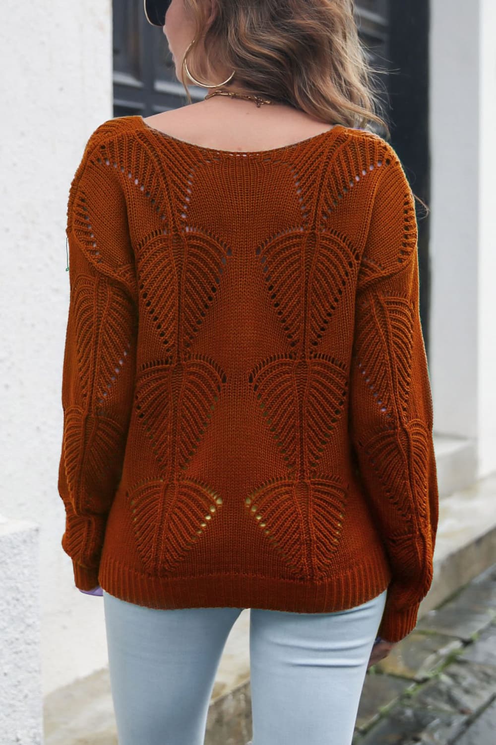 Openwork V-Neck Dropped Shoulder Sweater