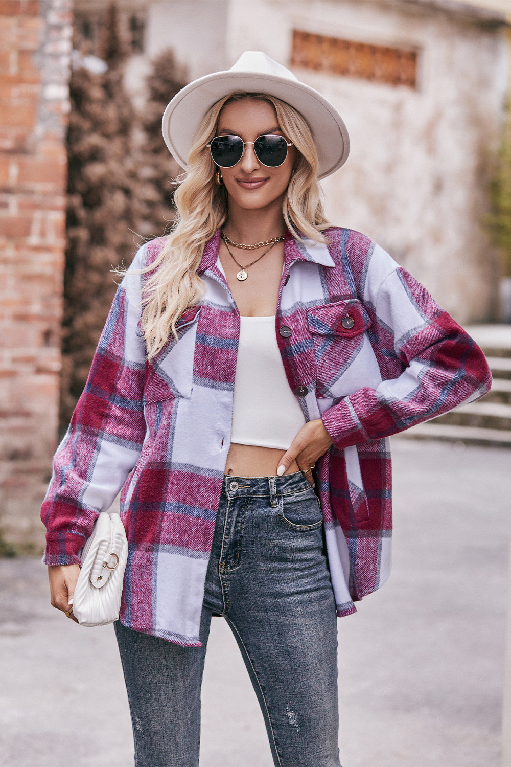 Mandy Plaid Long Sleeve Shirt Jacket with Pockets