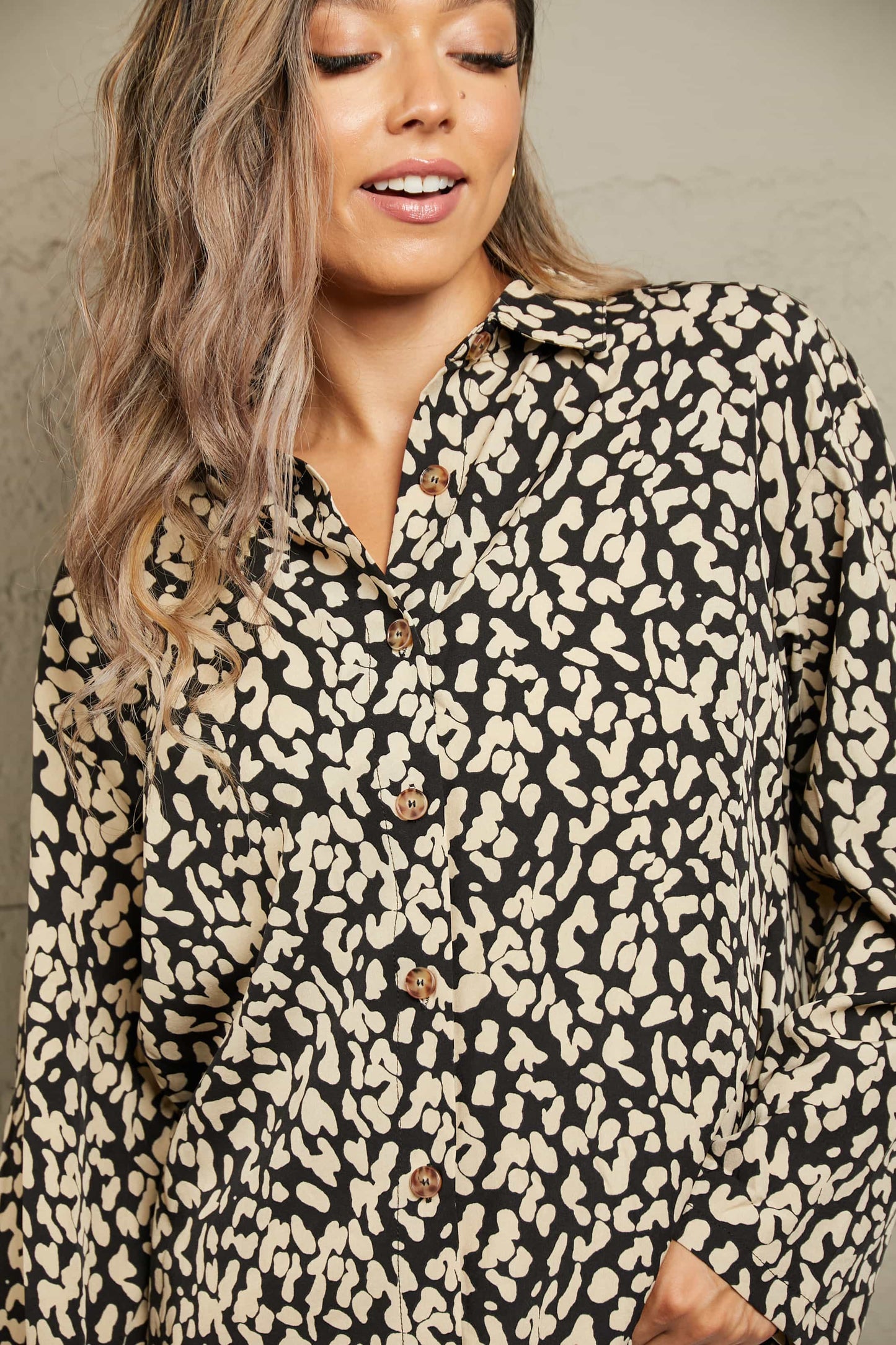 Ivy Lane Leopard Roll-Tap Sleeve Shirt