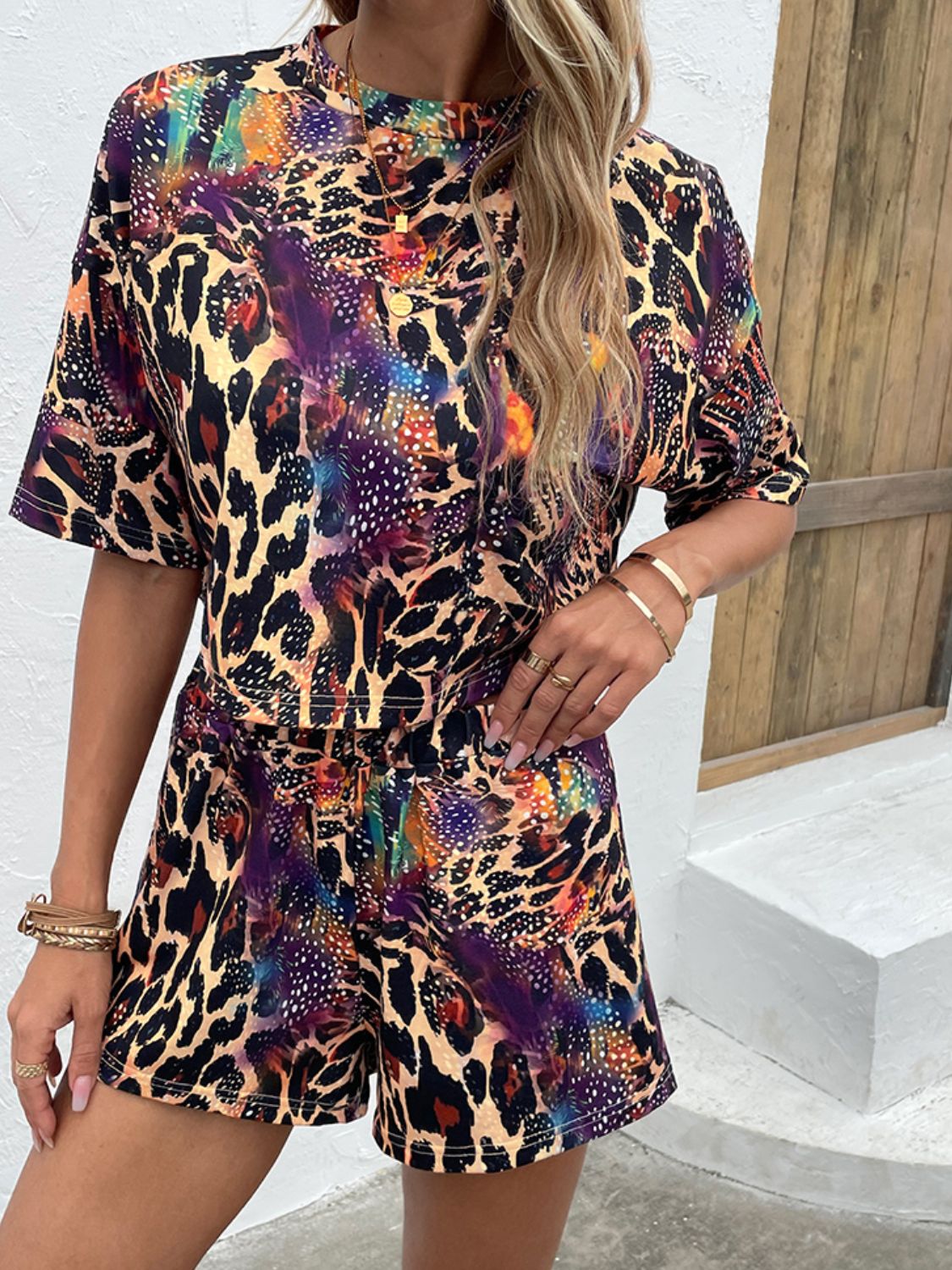 Shiny Printed Round Neck Dropped Shoulder Half Sleeve Top and Shorts Set