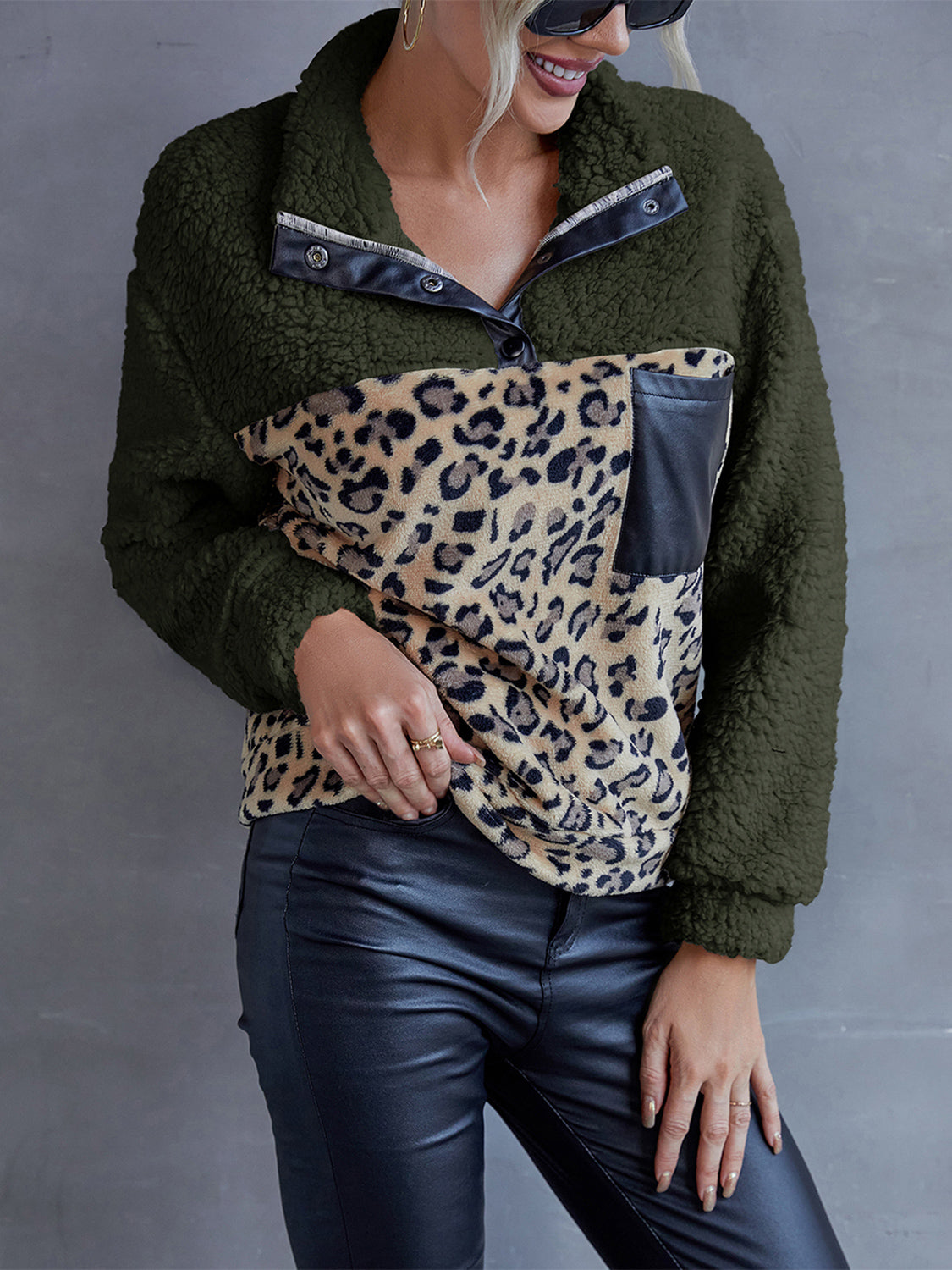 Ivy Lane Leopard Quarter-Snap Teddy Sweatshirt