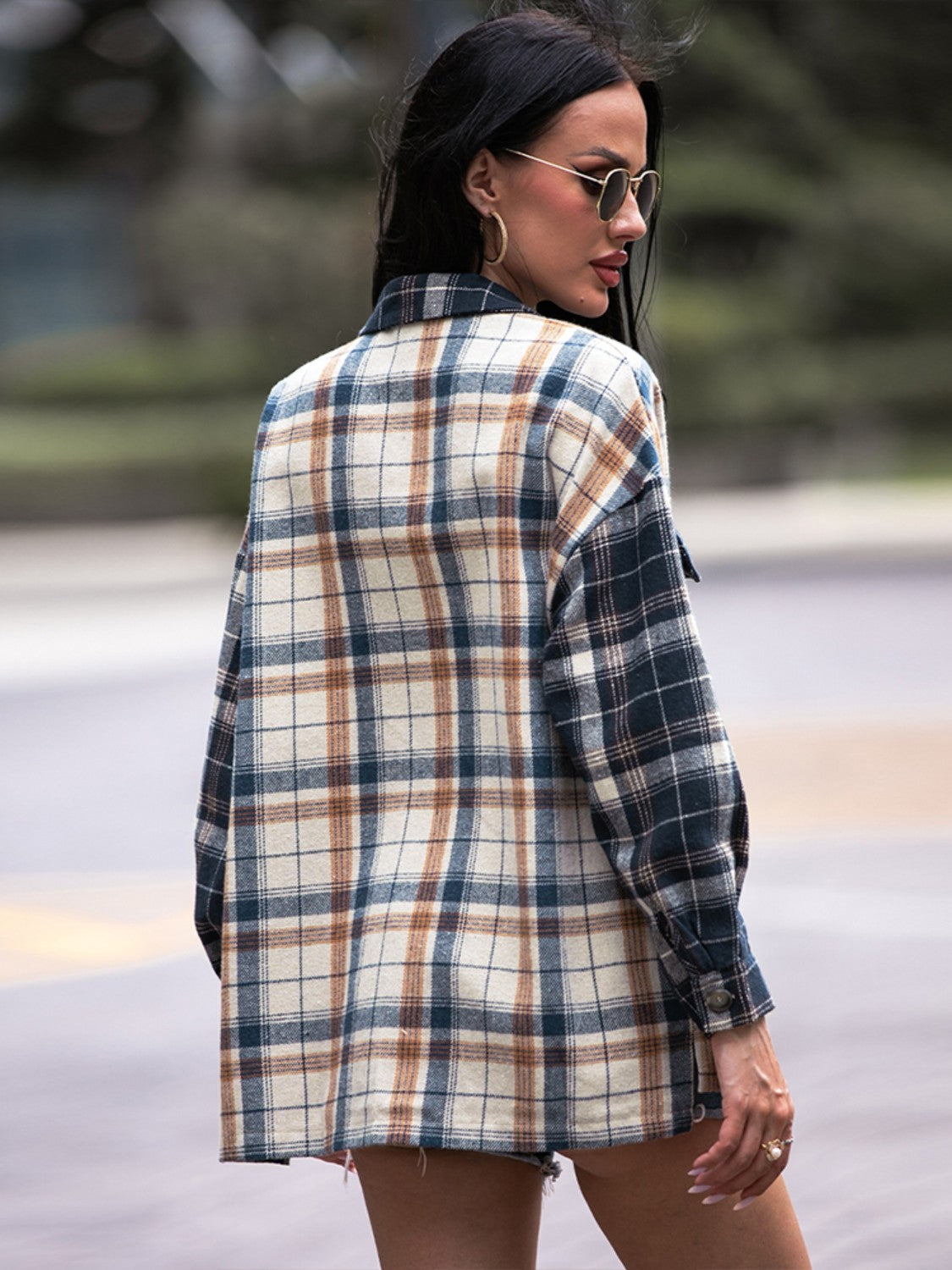 Shiny Plaid Dropped Shoulder Shacket