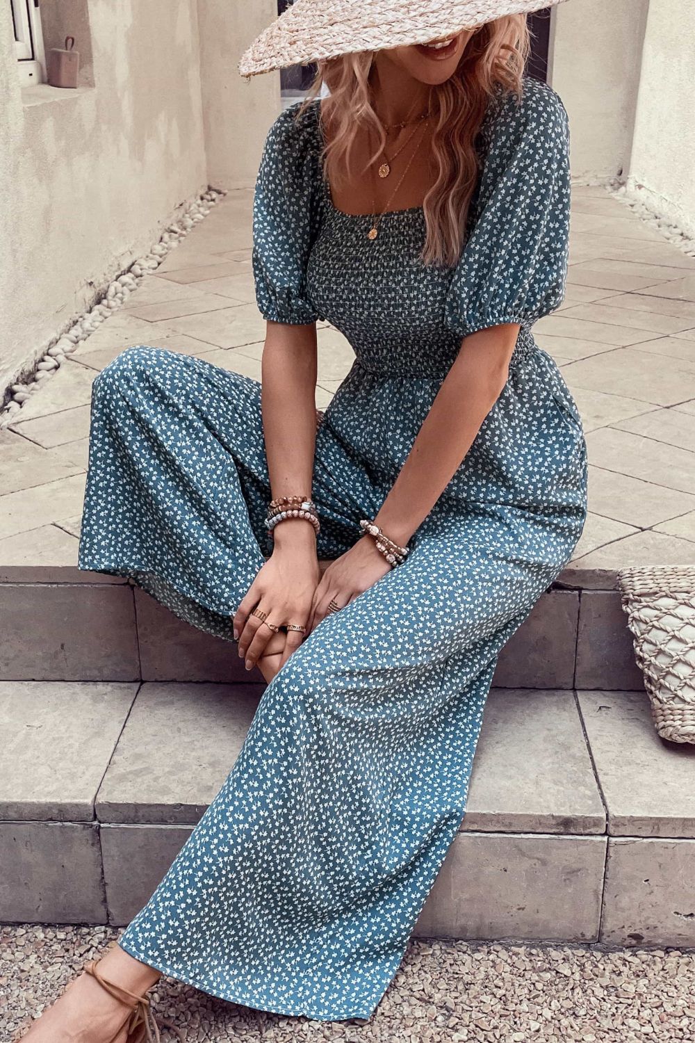 Perfee Printed Square Neck Jumpsuit with Pockets