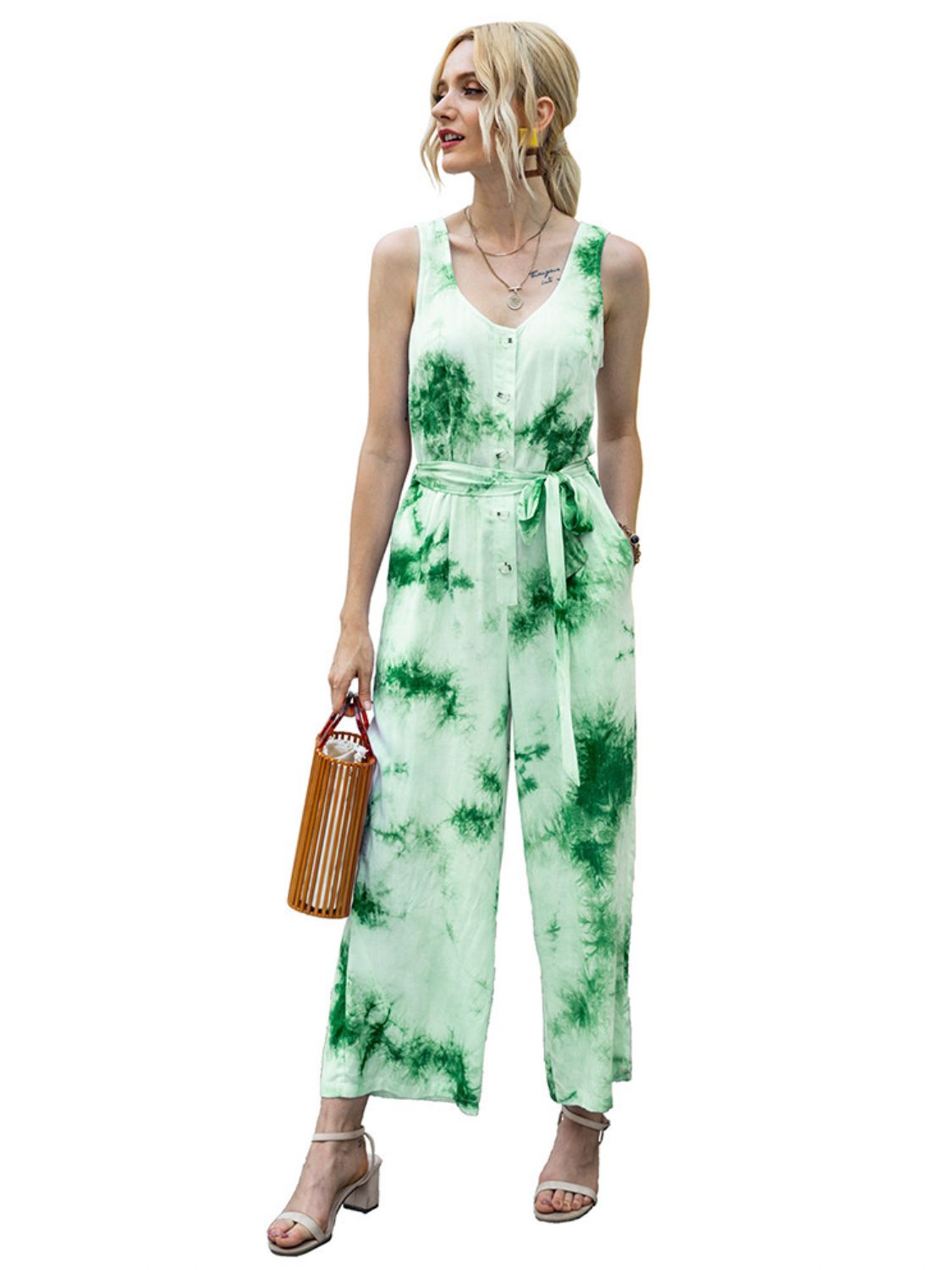 Ivy Lane Tie-Dye Tie Waist Sleeveless Jumpsuit