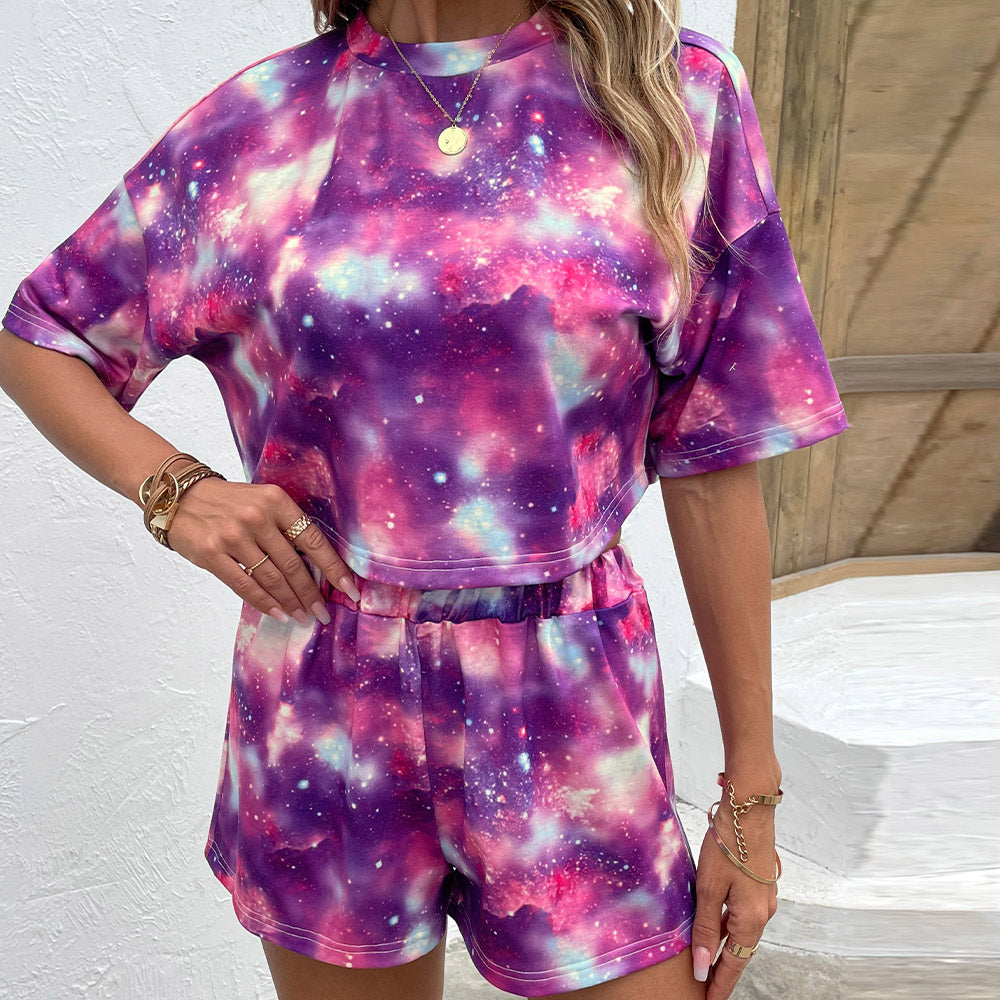 Shiny Tie Dye Round Neck Dropped Shoulder Half Sleeve Top and Shorts Set