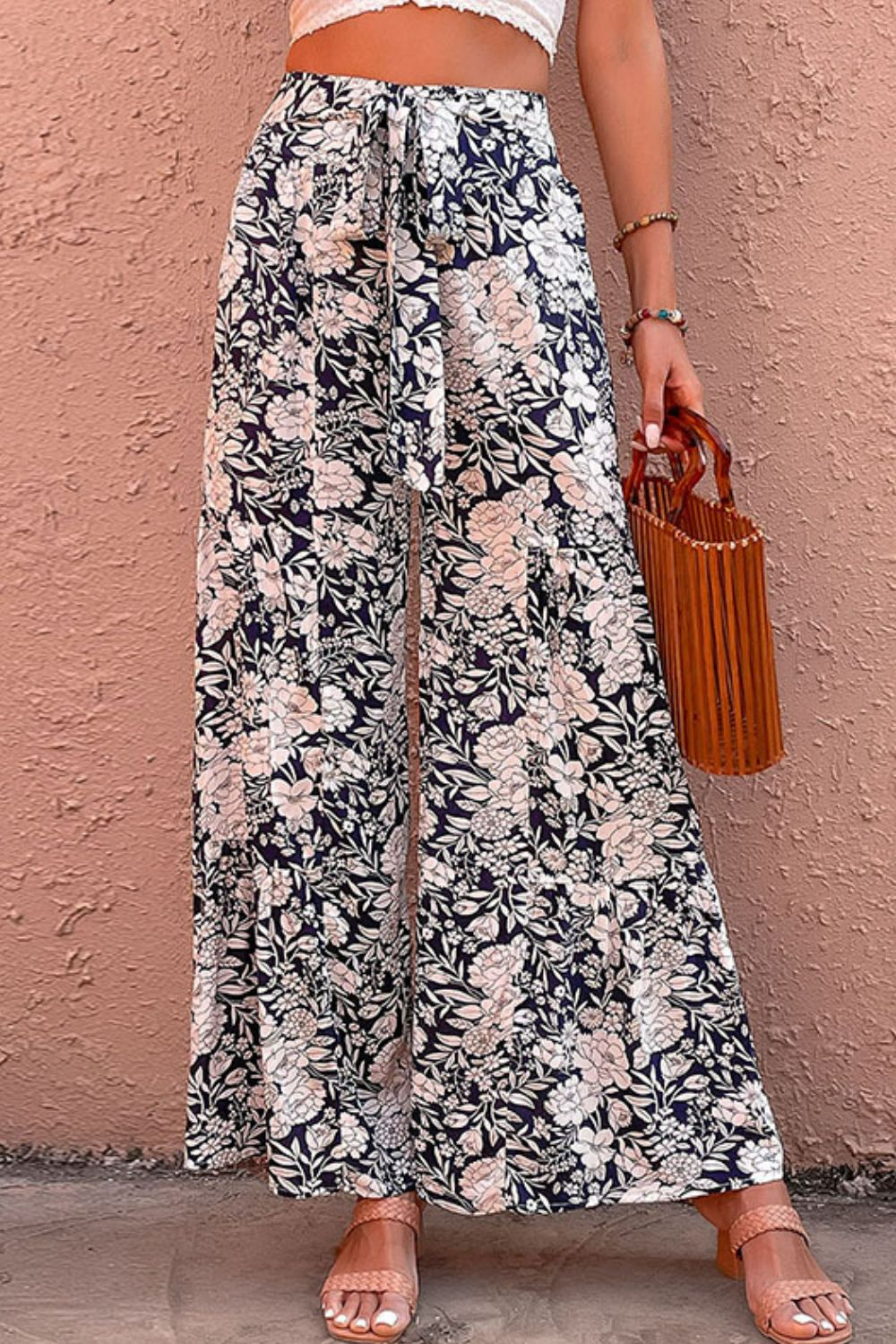 Perfee Floral Belted Wide Leg Pants