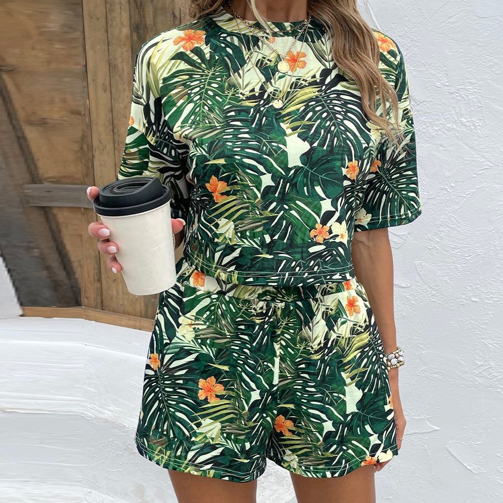 Shiny Floral Print Round Neck Dropped Shoulder Half Sleeve Top and Shorts Set