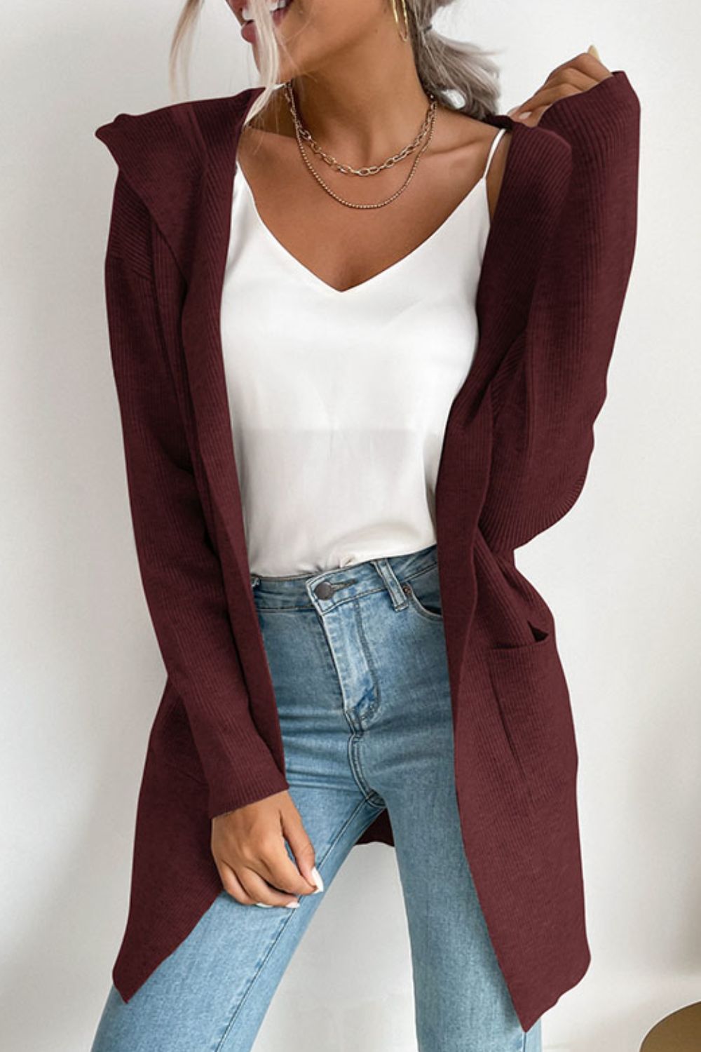 Perfee Ribbed Open Front Hooded Cardigan with Pockets