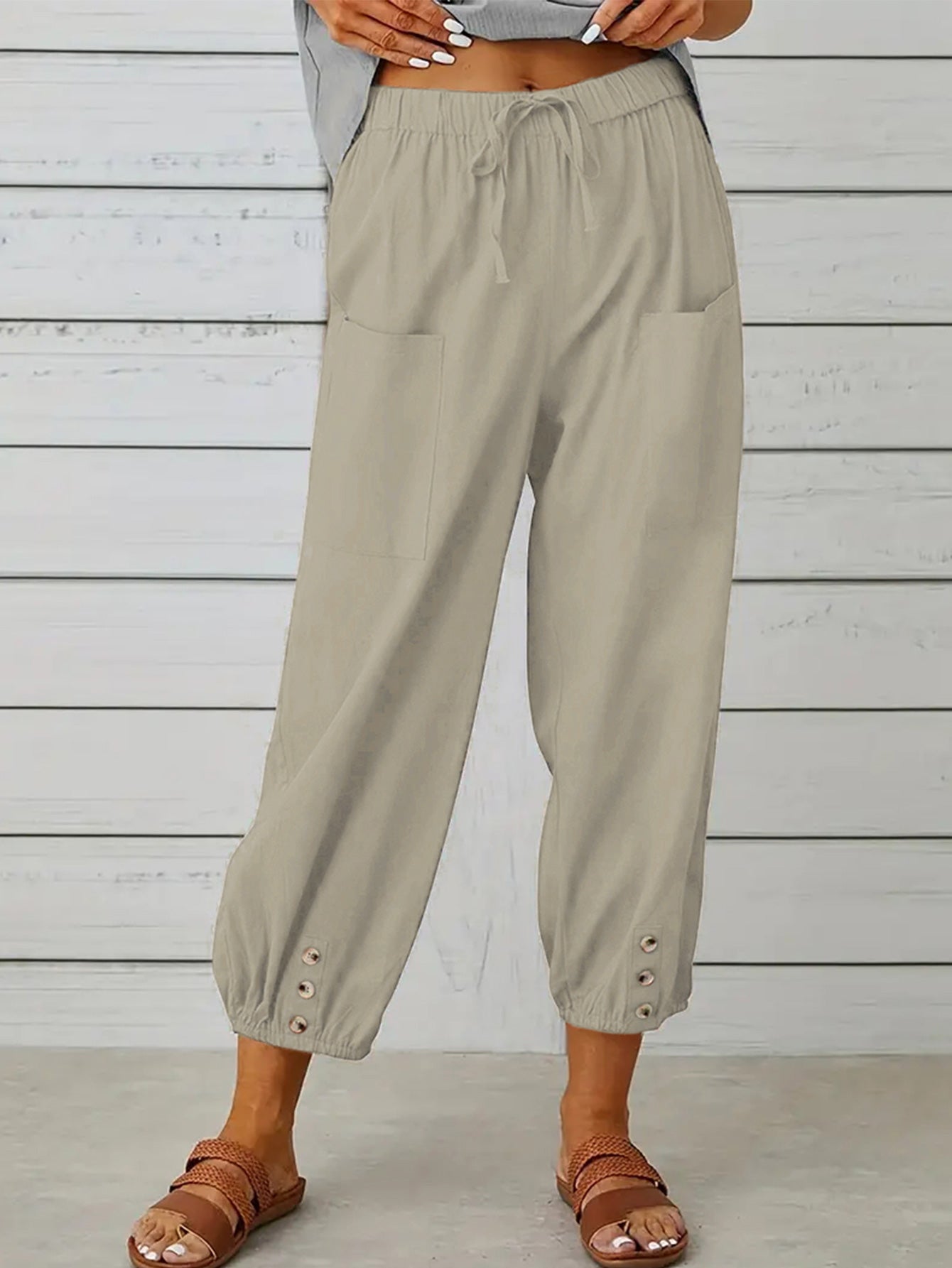 Shiny Decorative Button Cropped Pants