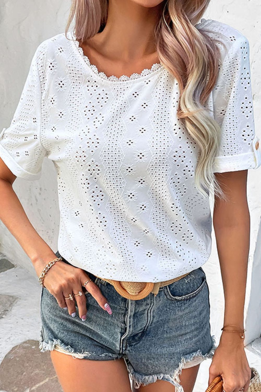 Perfee Eyelet Short Sleeve Double-Sided Shirt