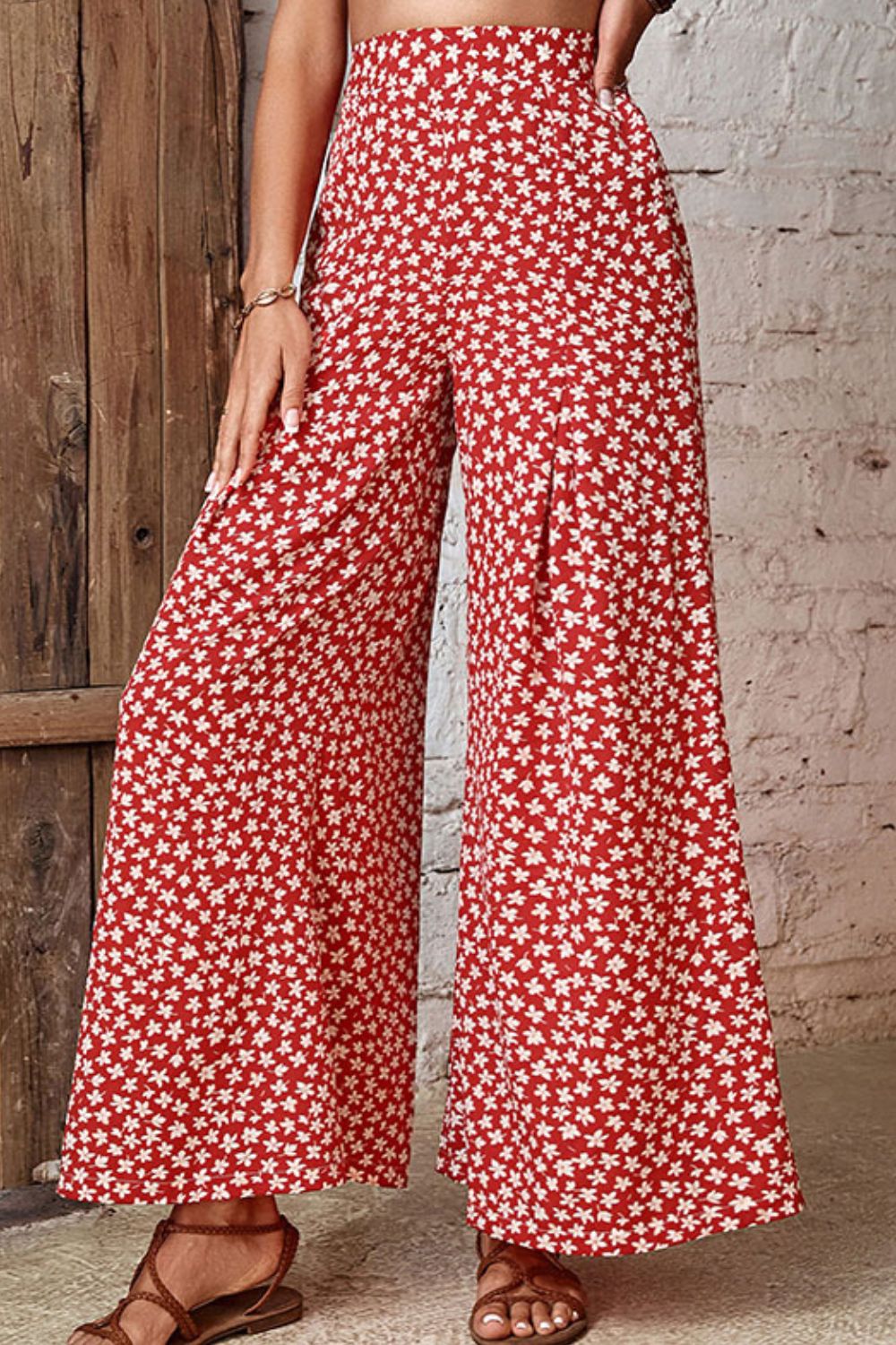 Perfee Floral High-Rise Wide Leg Flare Pants