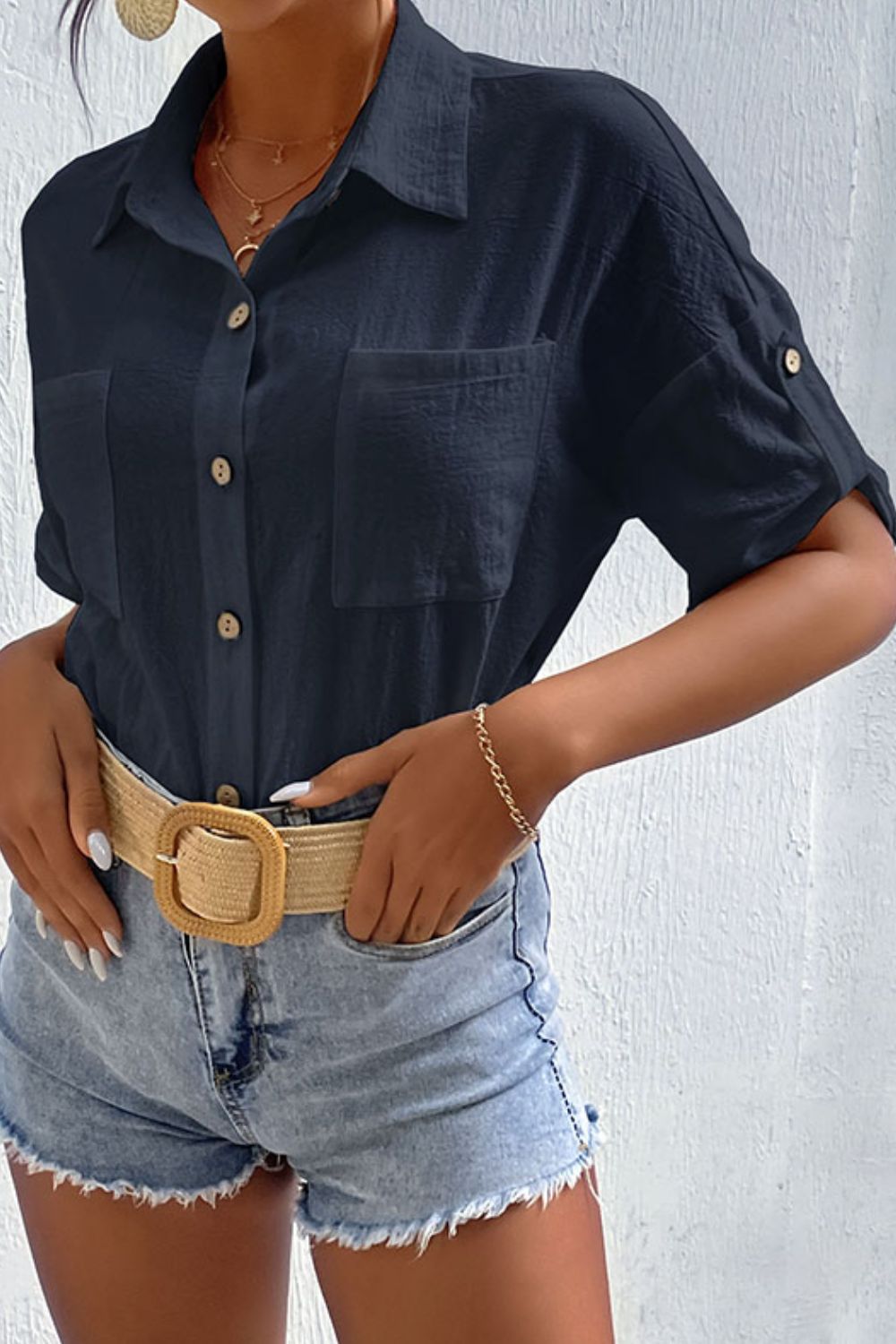 Perfee Roll-Tab Sleeve Shirt with Pockets