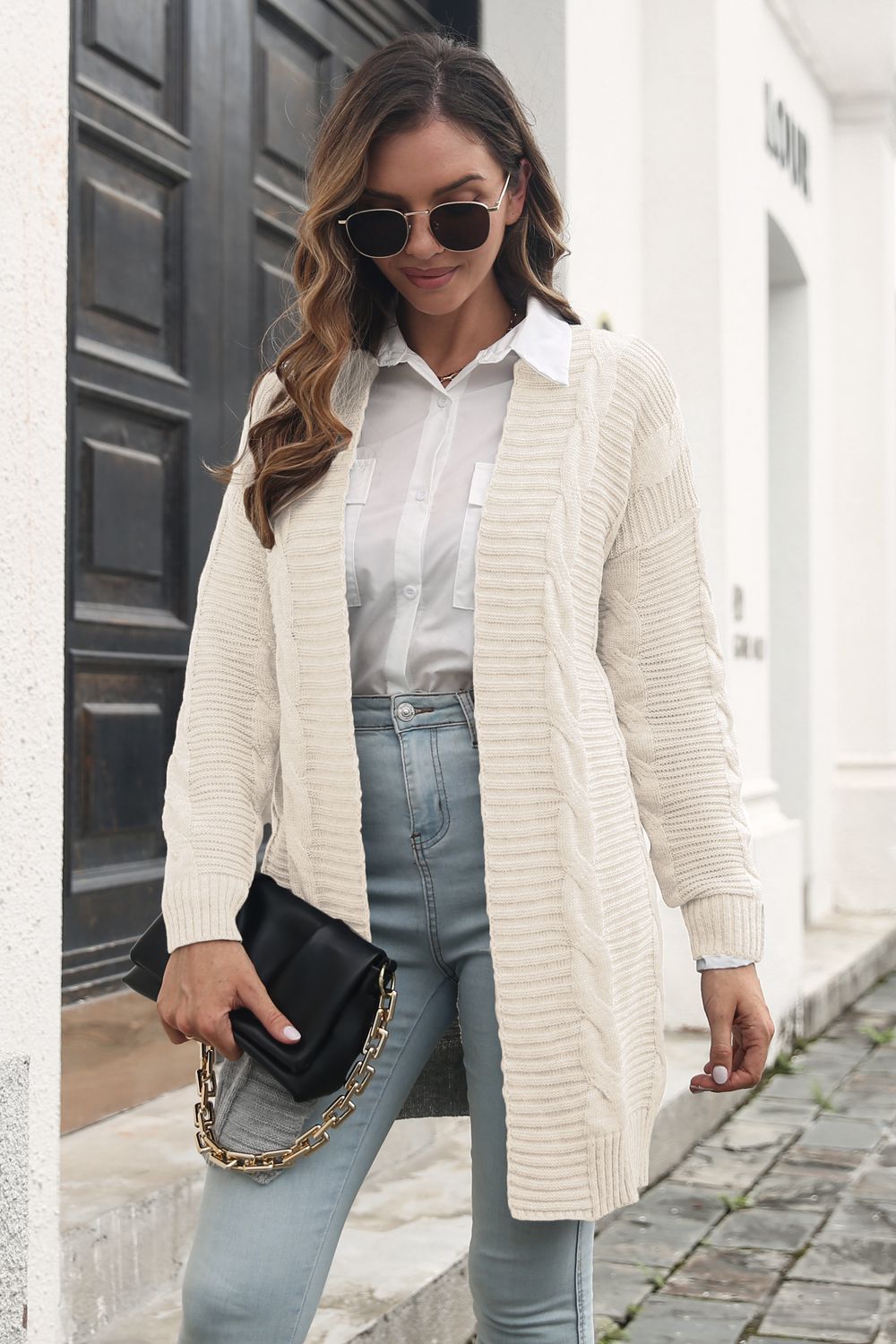 Open Front Cable-Knit Cardigan