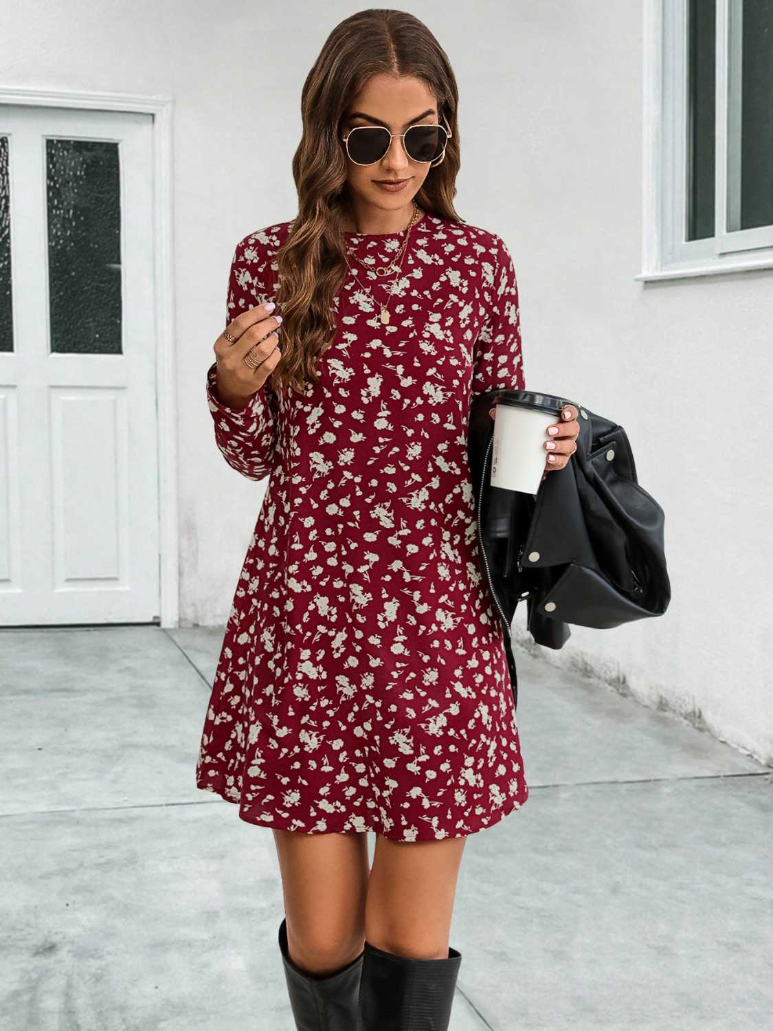 Round Neck Long Sleeve Mini Dress