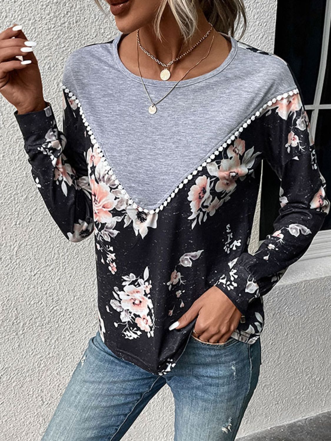 Perfee Floral Print Contrast Round Neck Dropped Shoulder Sweatshirt