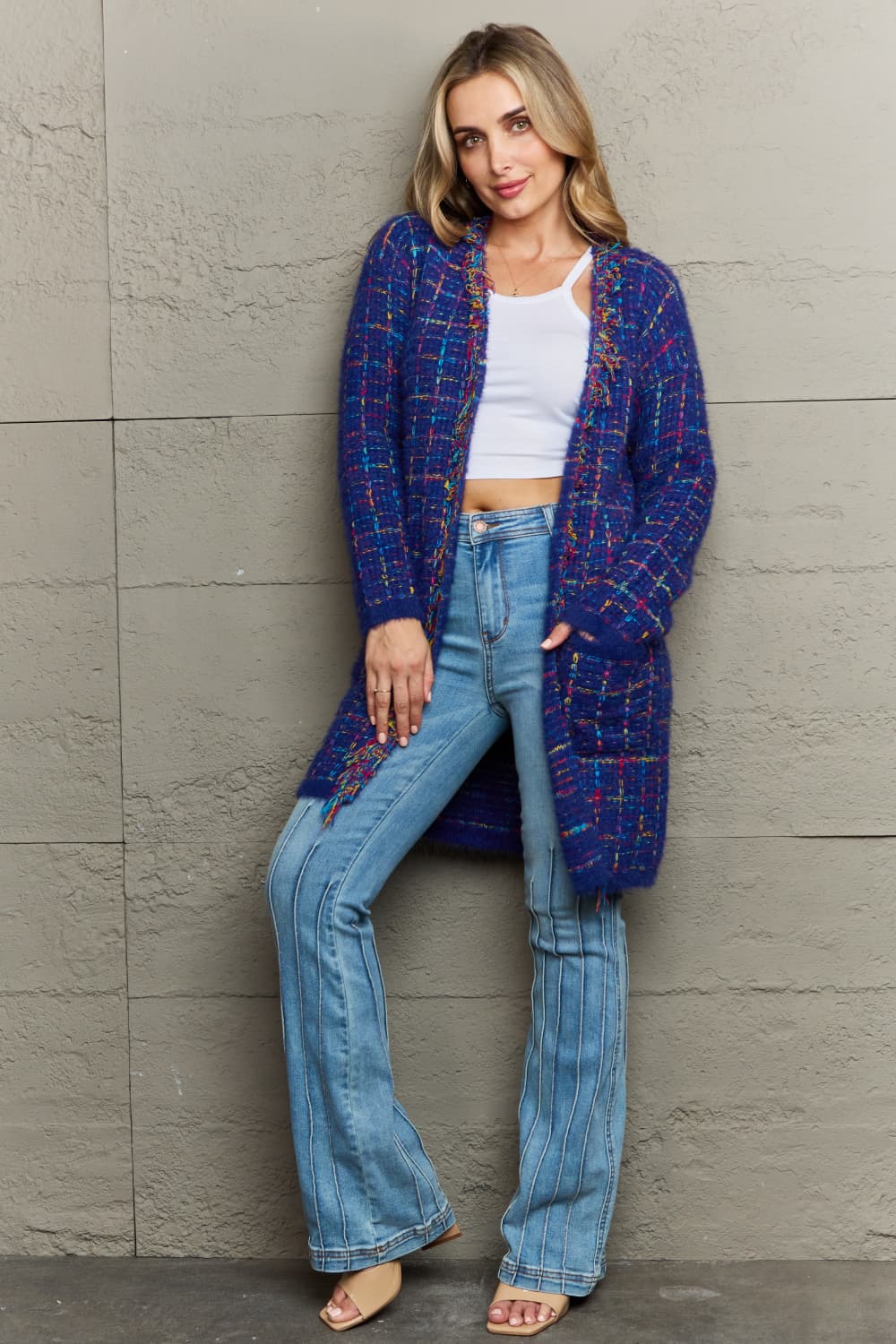 Angel Wings Plaid Fringe Trim Open Front Longline Cardigan