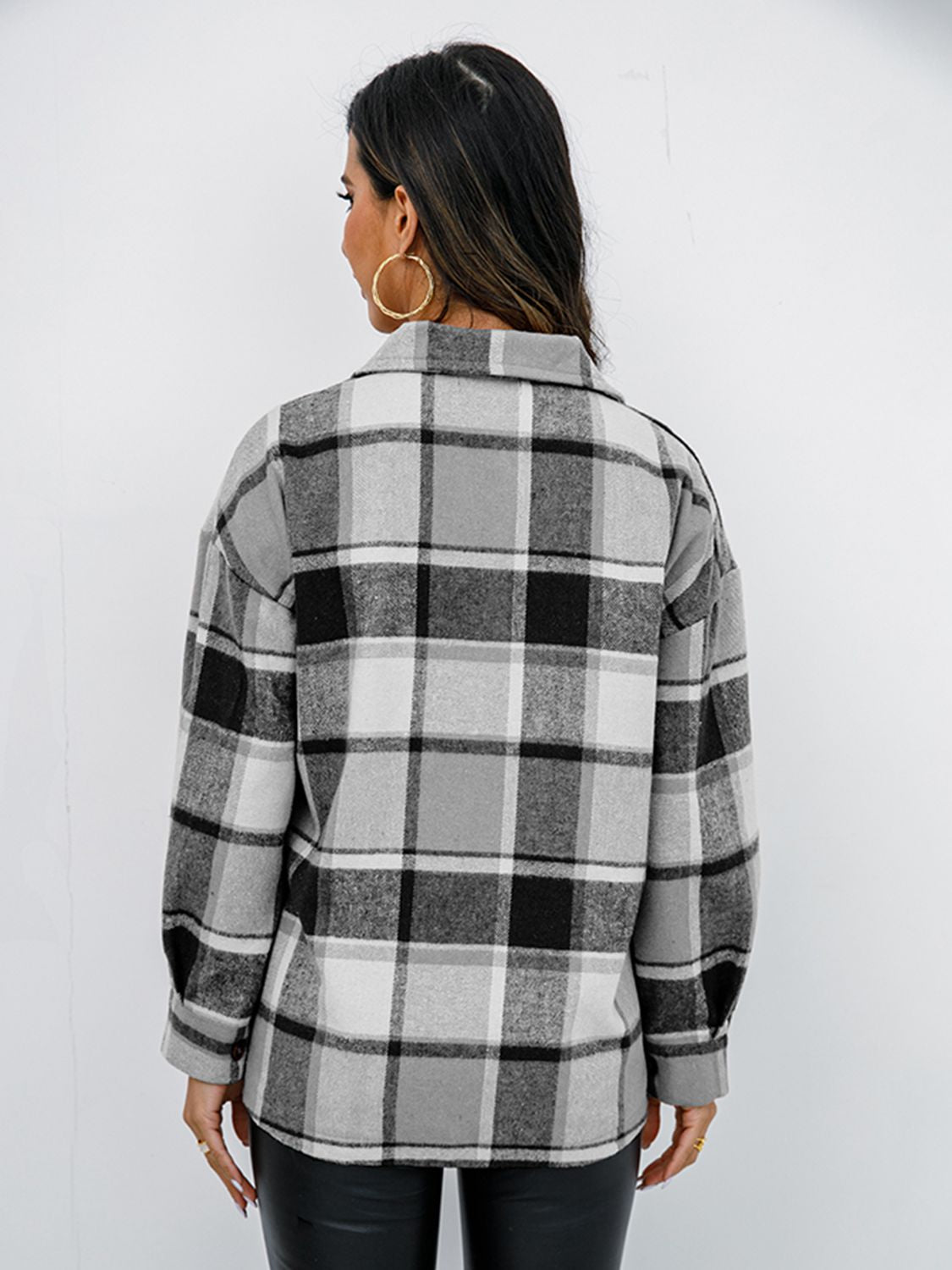 Shiny Plaid Button Up Collared Neck Jacket