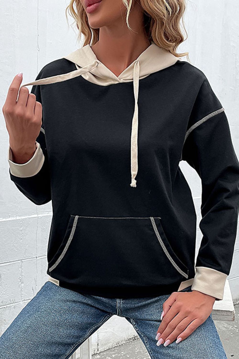 Perfee Contrast Drawstring Detail Drop Shoulder Hoodie