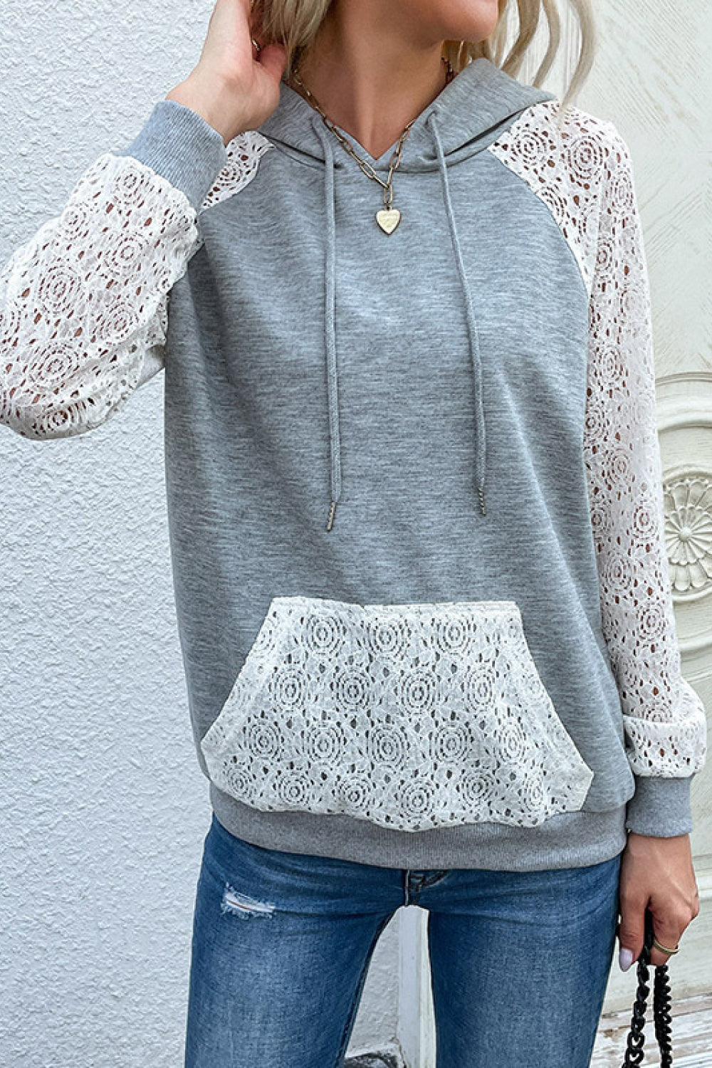 Perfee Lace Raglan Sleeve Drawstring Hoodie