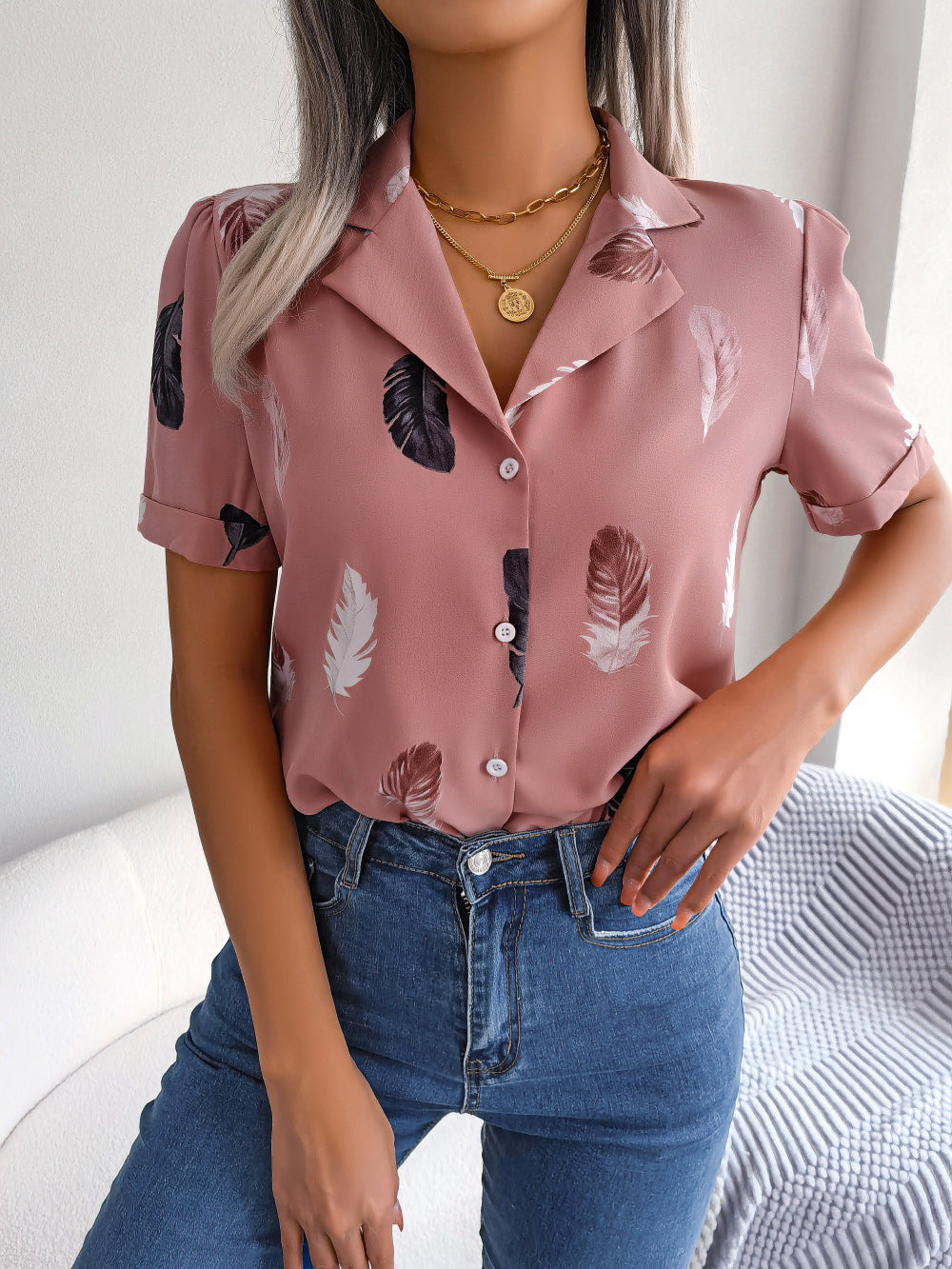 Feather Print Lapel Collar Puff Sleeve Shirt