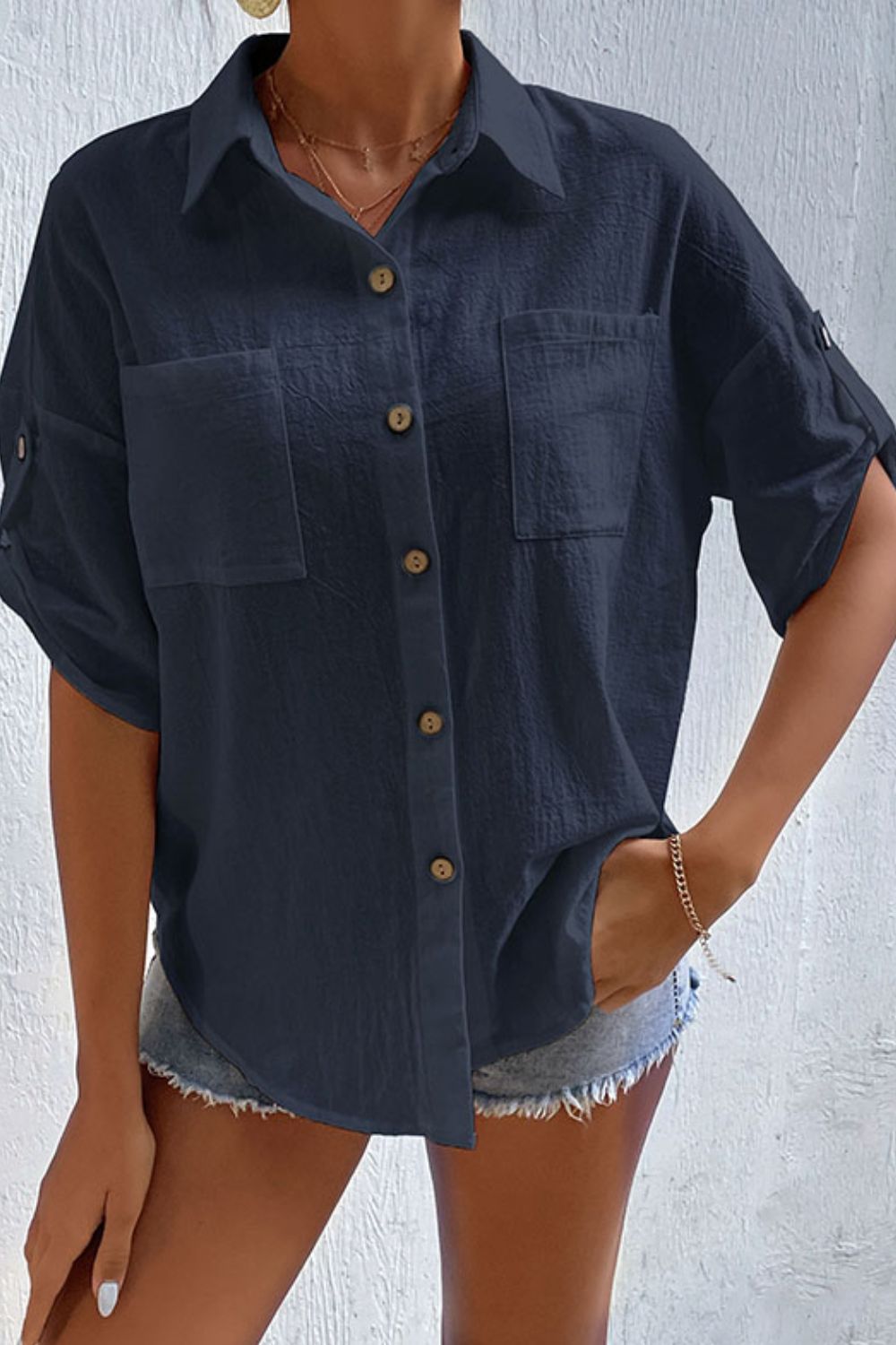 Perfee Roll-Tab Sleeve Shirt with Pockets