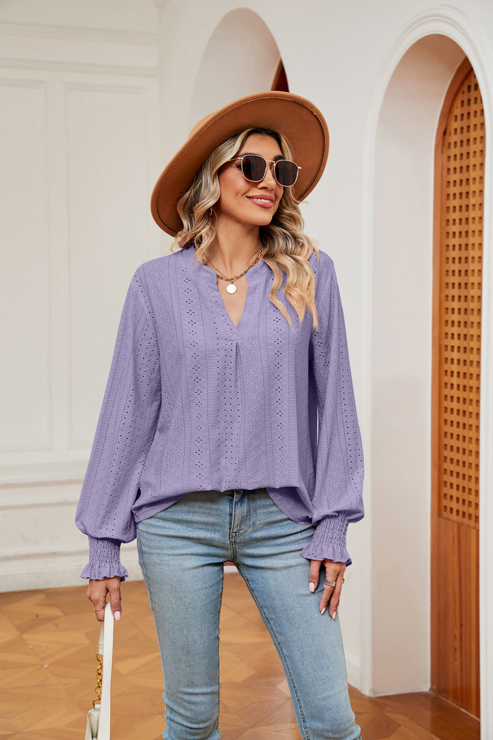 Notched Neck Flounce Sleeve Blouse