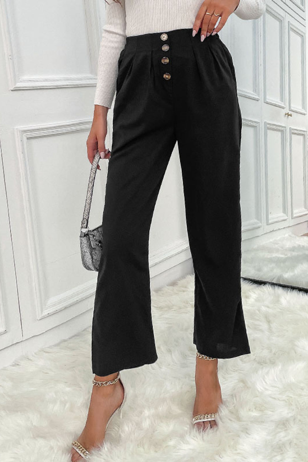 Perfee Button Fly Wide Leg Pants