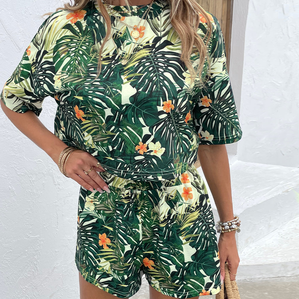 Shiny Floral Print Round Neck Dropped Shoulder Half Sleeve Top and Shorts Set