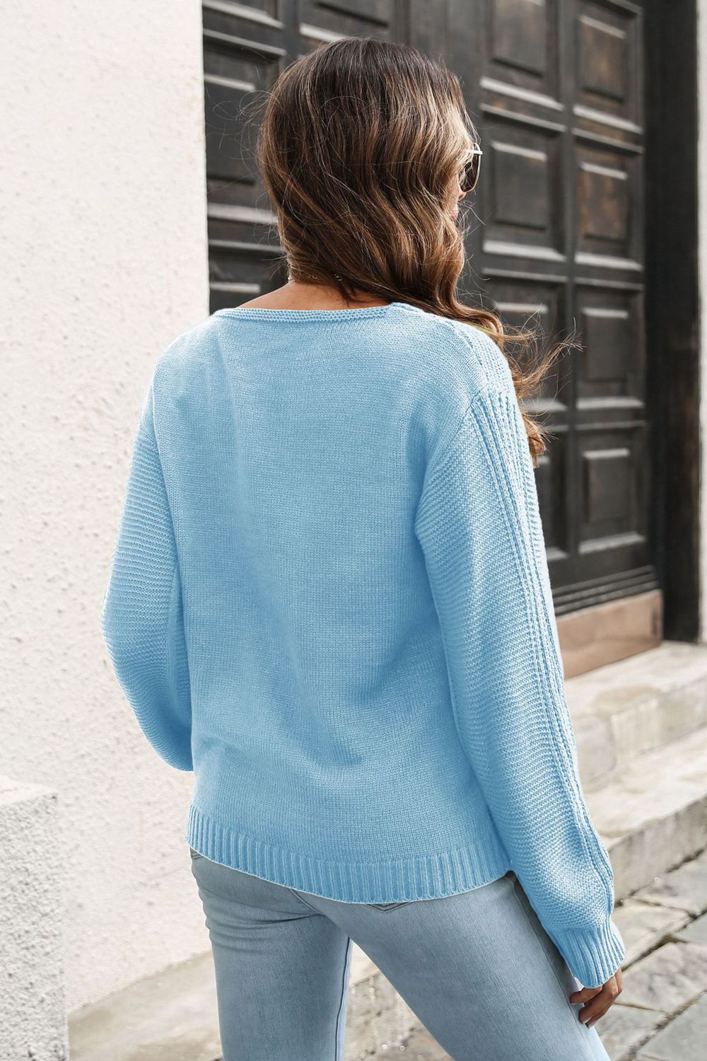 Ribbed Scoop Neck Long Sleeve Pullover Sweater