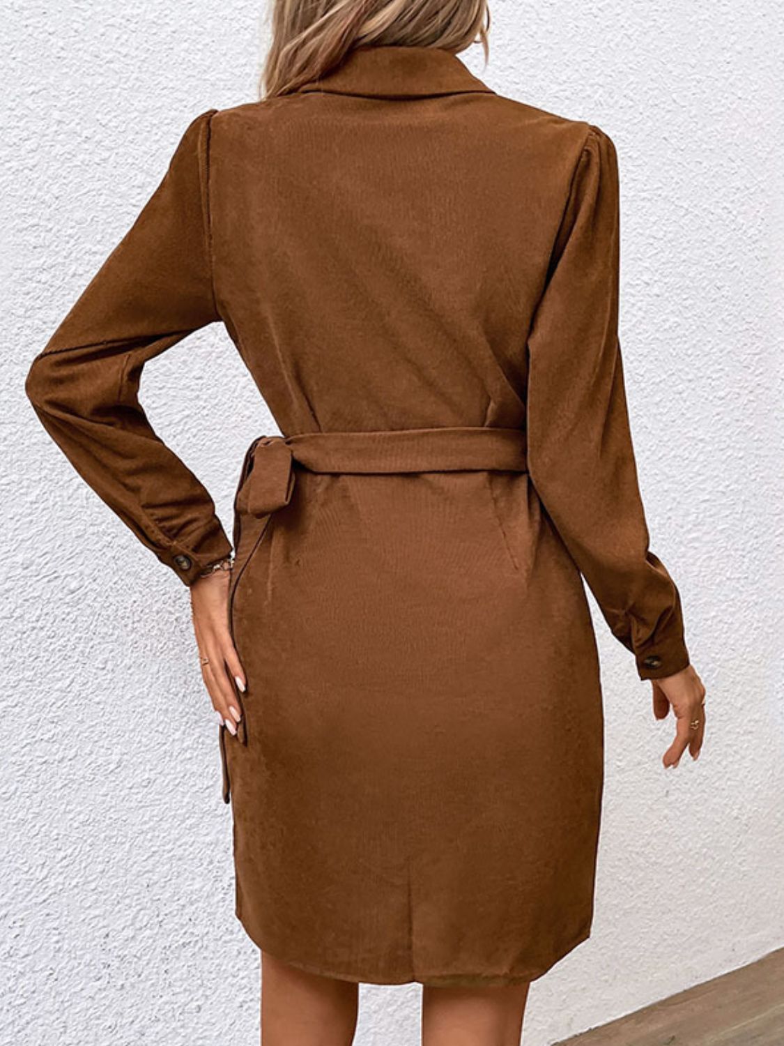 Perfee Button-Down Collared Neck Long Sleeve Side Tie Dress