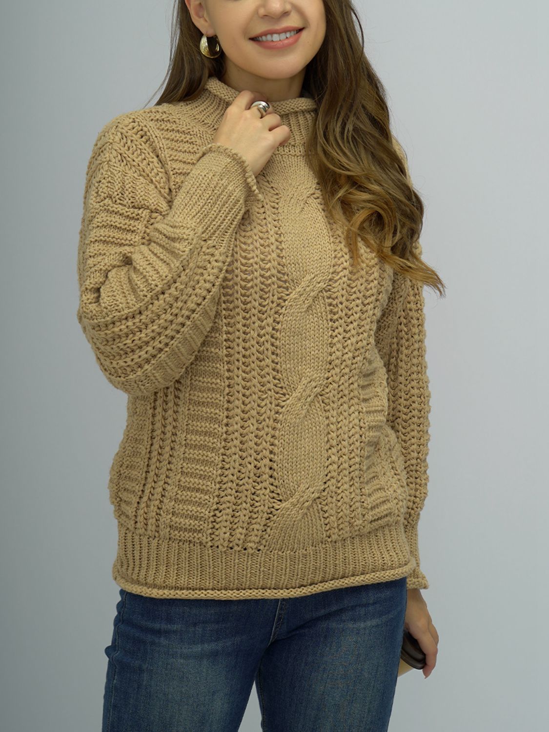 Shiny Cable-Knit Mock Neck Sweater