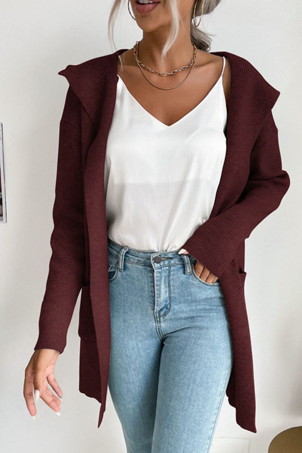 Perfee Ribbed Open Front Hooded Cardigan with Pockets