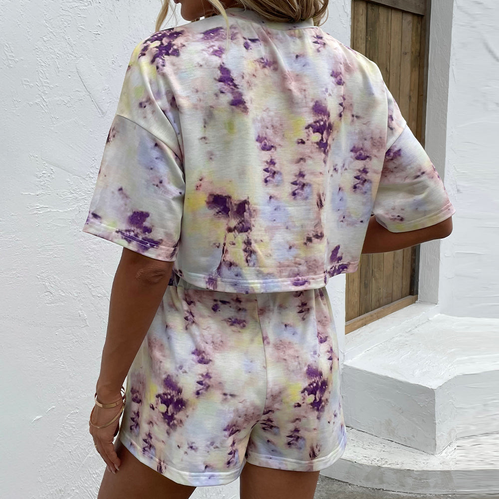 Shiny Tie Dye Round Neck Dropped Shoulder Tie Dye Top and Shorts Set