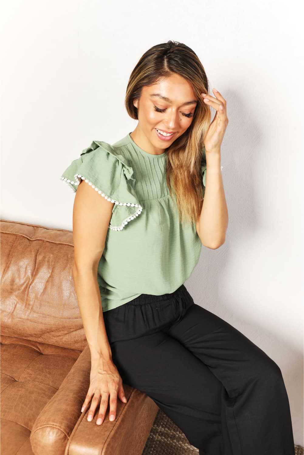 Perfee Pleated Detail Flutter Sleeve Blouse