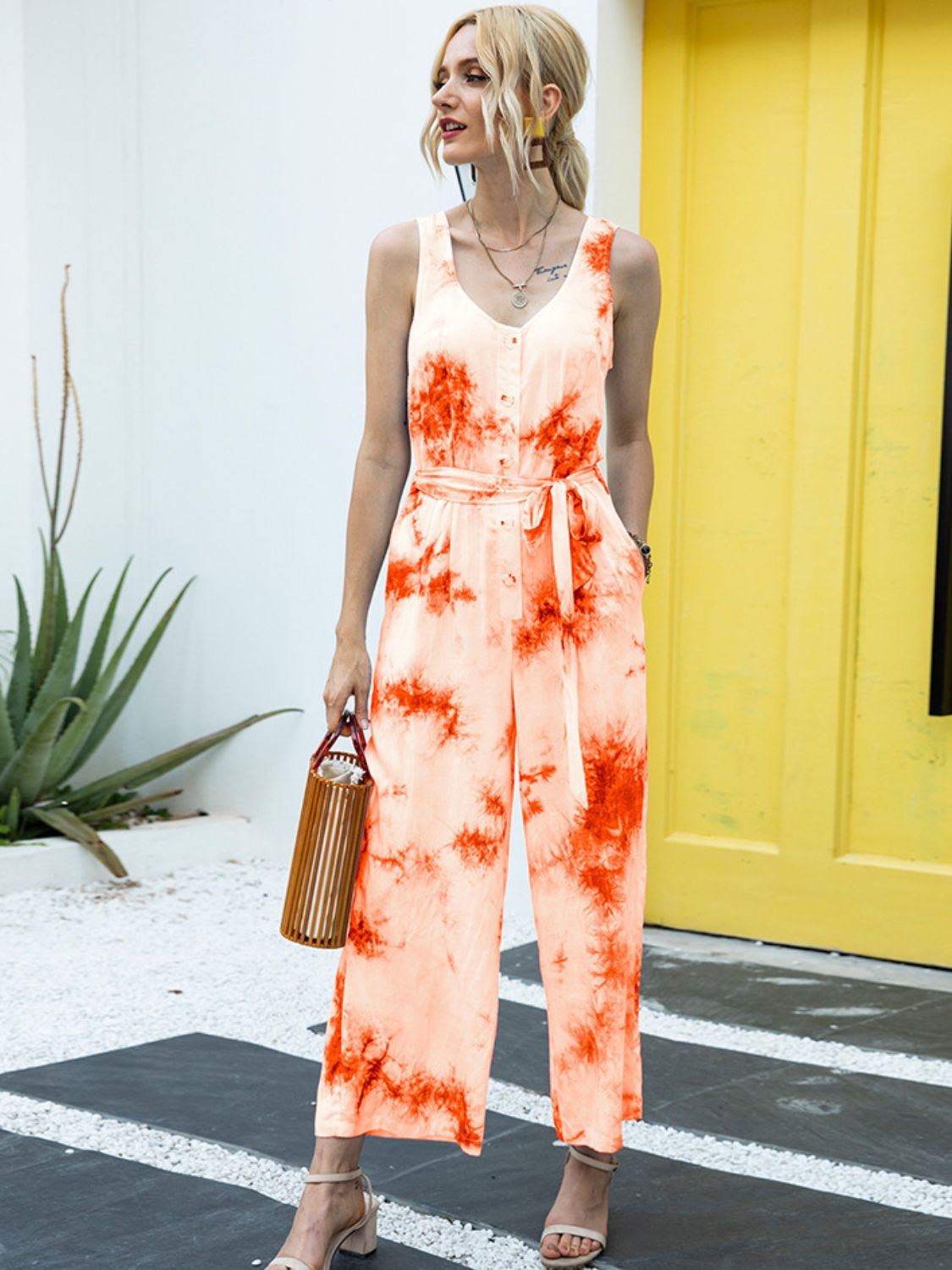 Ivy Lane Tie-Dye Tie Waist Sleeveless Jumpsuit