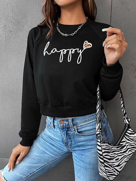 Perfee Raglan Sleeve HAPPY Graphic Sweatshirt