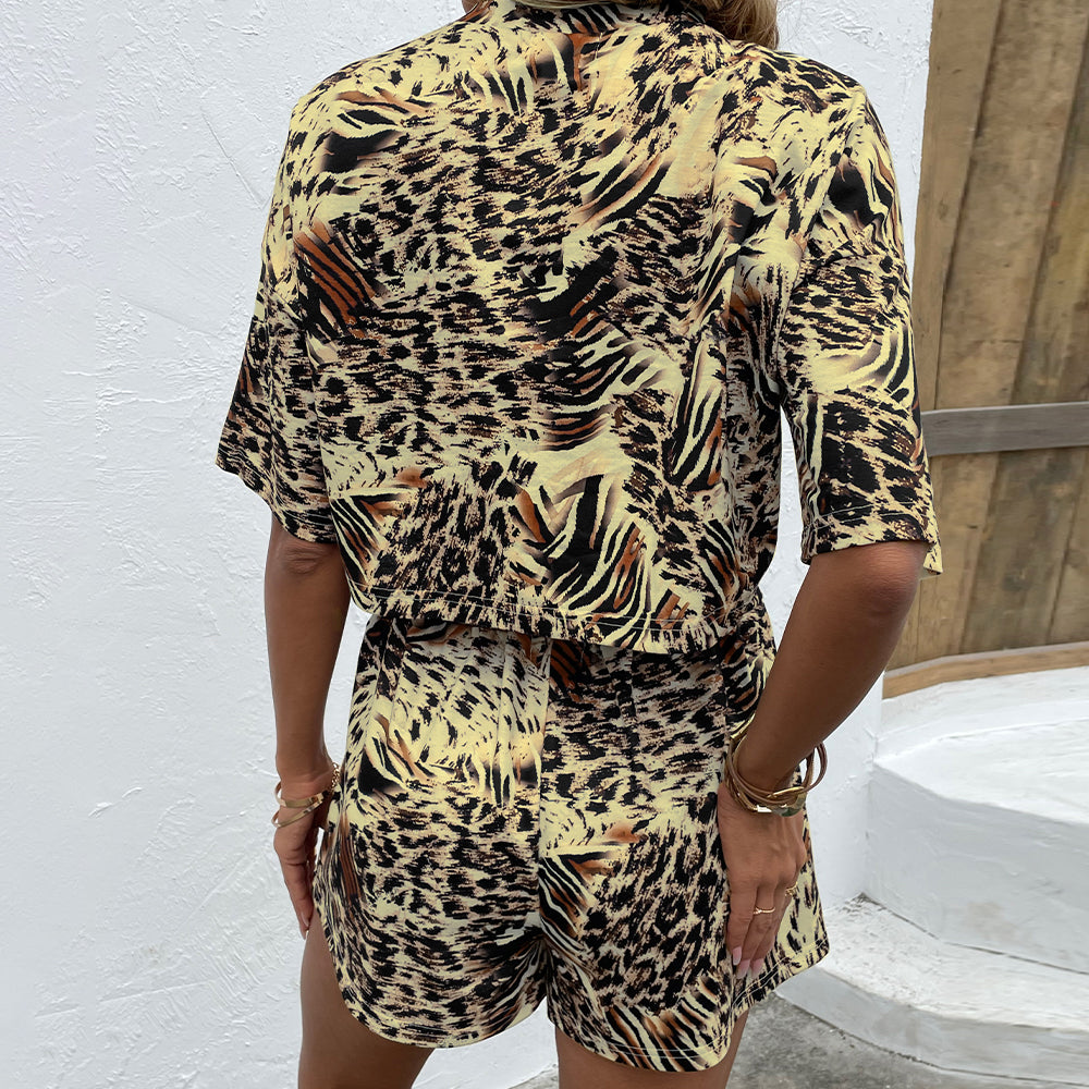 Shiny Printed Round Neck Dropped Shoulder Half Sleeve Top and Shorts Set