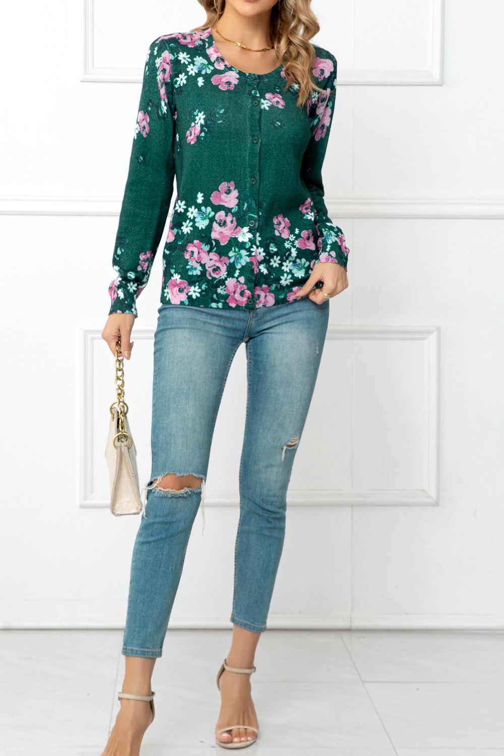 Woven Right Floral Button Front Round Neck Cardigan