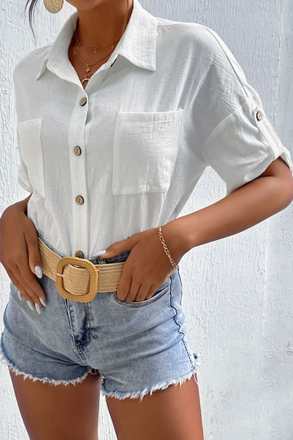 Perfee Roll-Tab Sleeve Shirt with Pockets