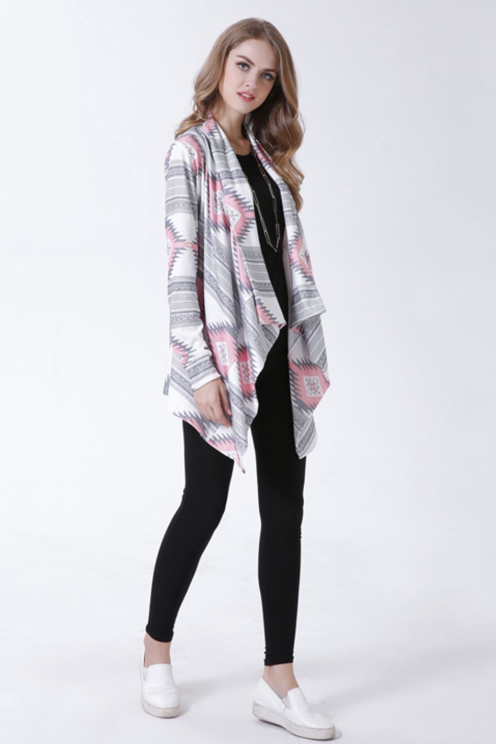 Geometric Open Front Handkerchief Hem Cardigan