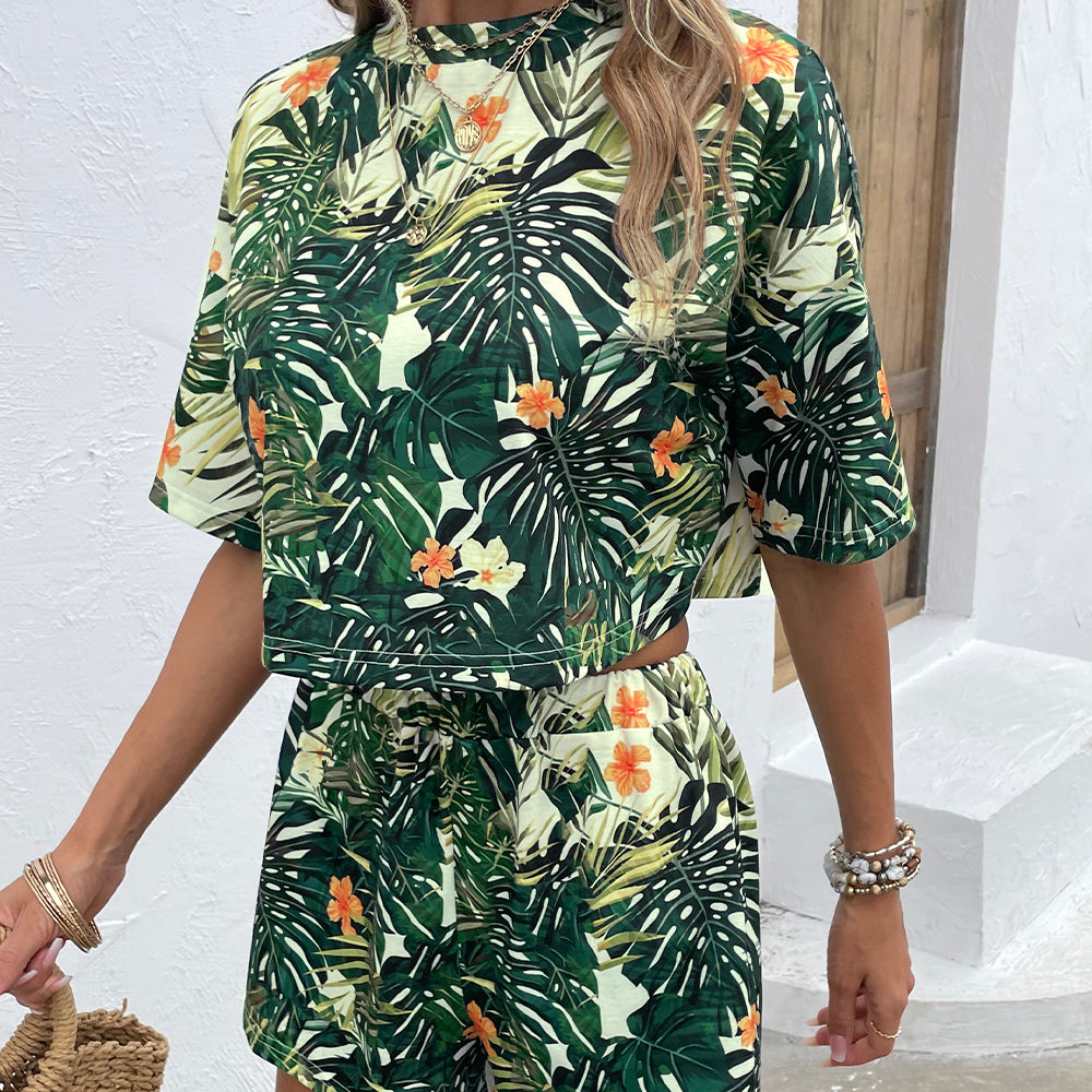 Shiny Floral Print Round Neck Dropped Shoulder Half Sleeve Top and Shorts Set