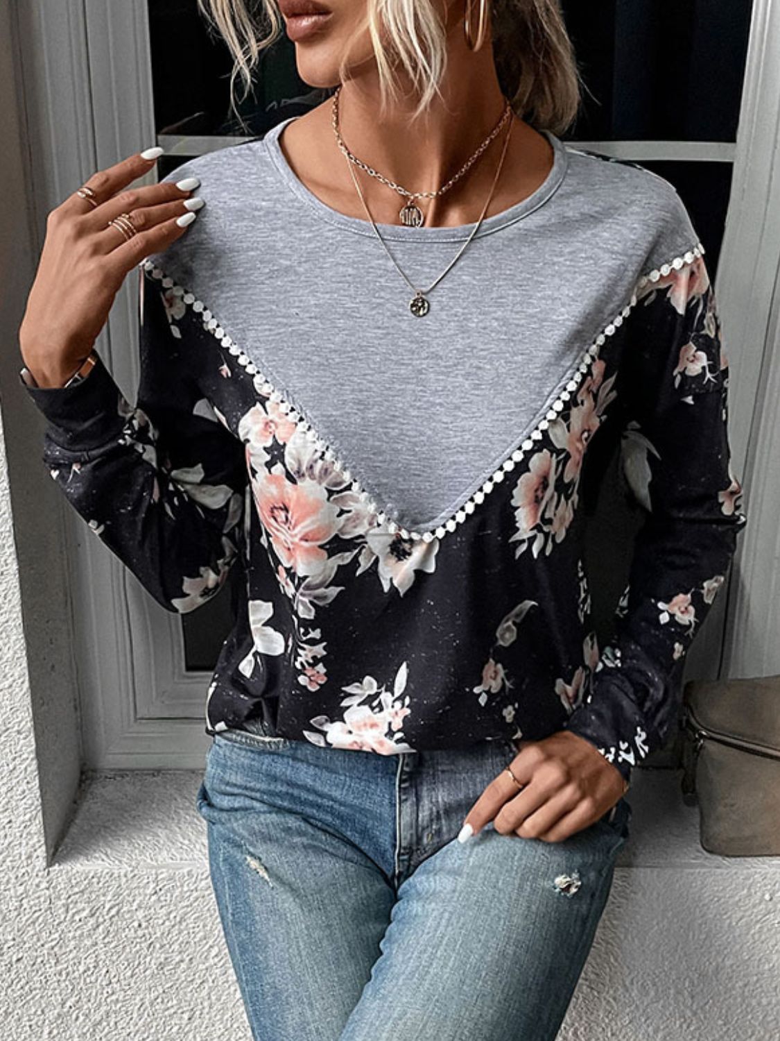 Perfee Floral Print Contrast Round Neck Dropped Shoulder Sweatshirt