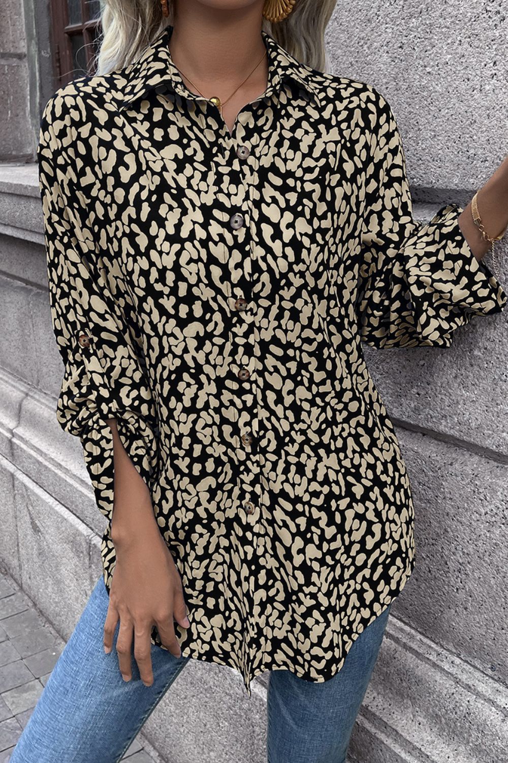 Ivy Lane Leopard Roll-Tap Sleeve Shirt