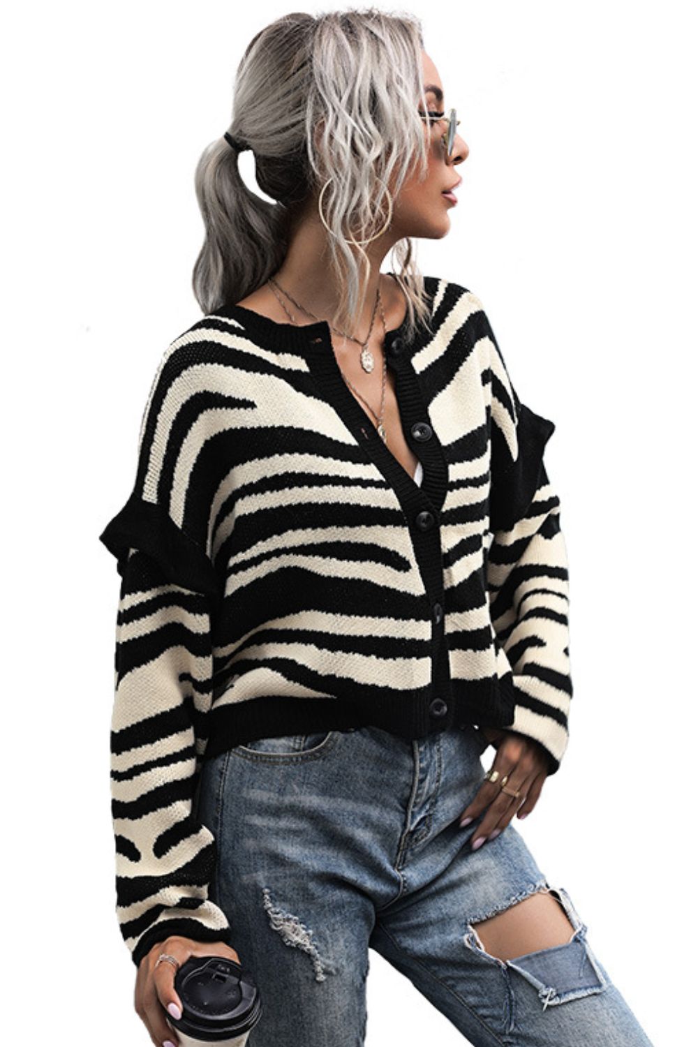 Perfee Woven Right Striped Button-Down Round Neck Drop Shoulder Cardigan